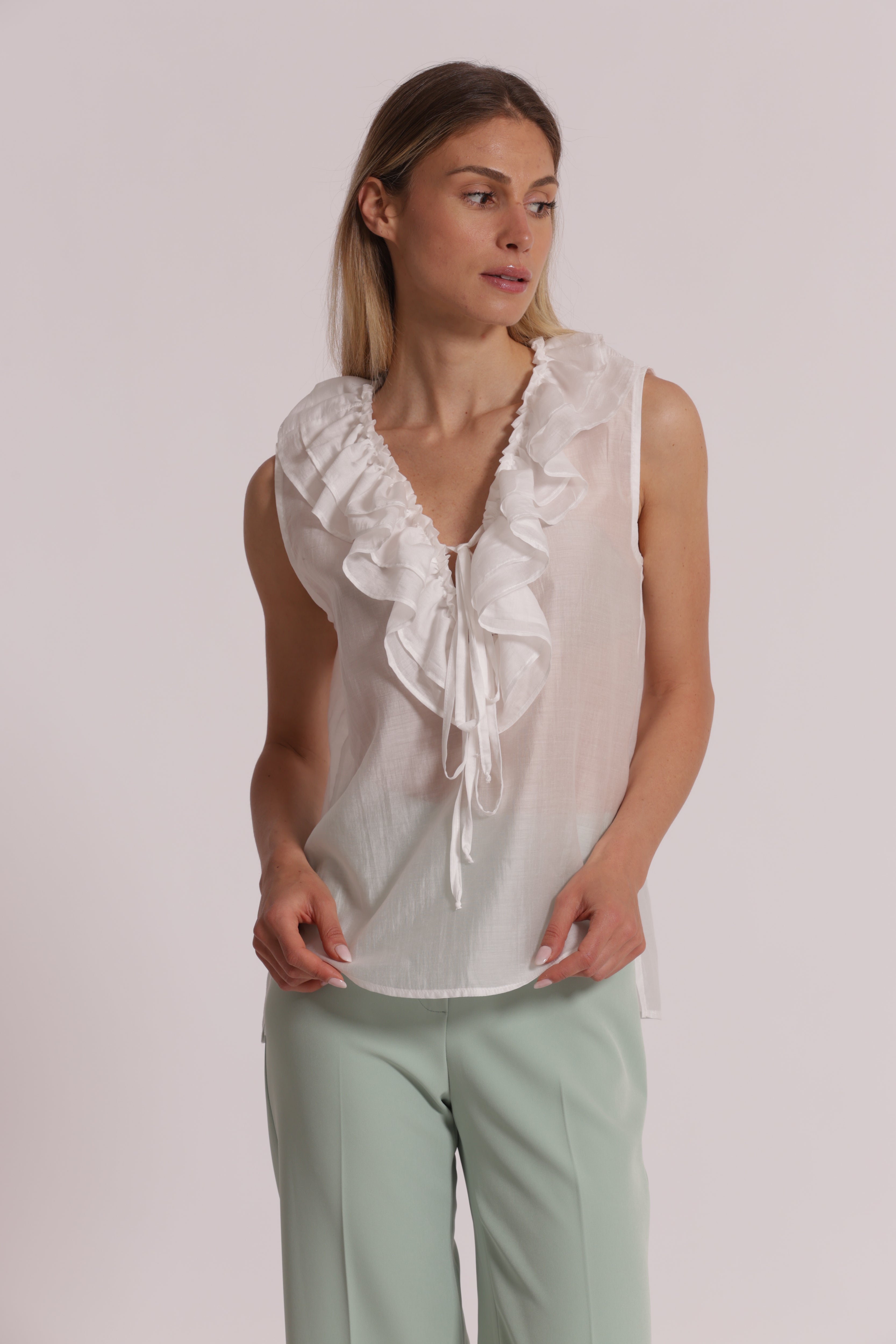Mimi Mua Blusa Smanicata con Rouches Bianco