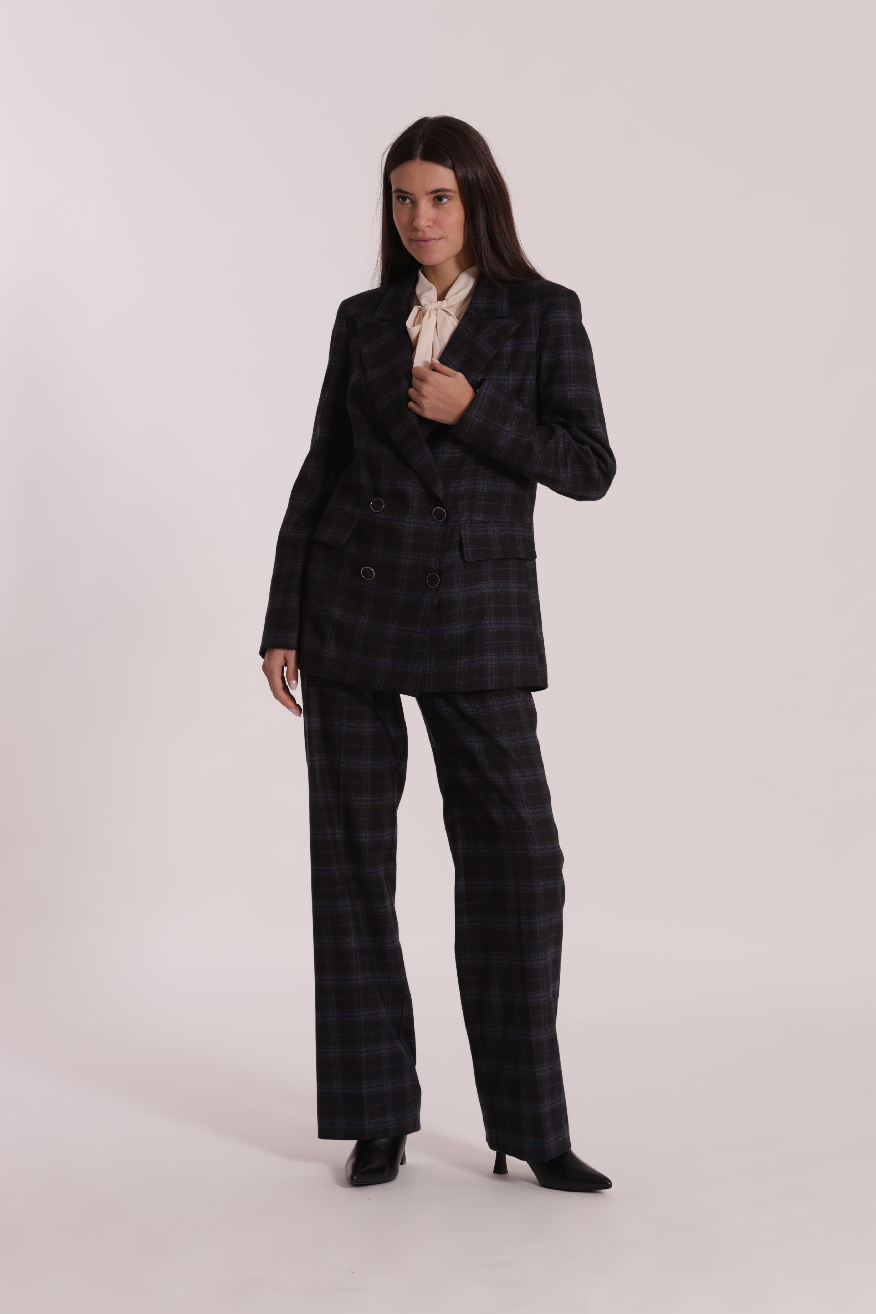 Mimi Mua Pantalone Dritto Check Blu Elasticizzato