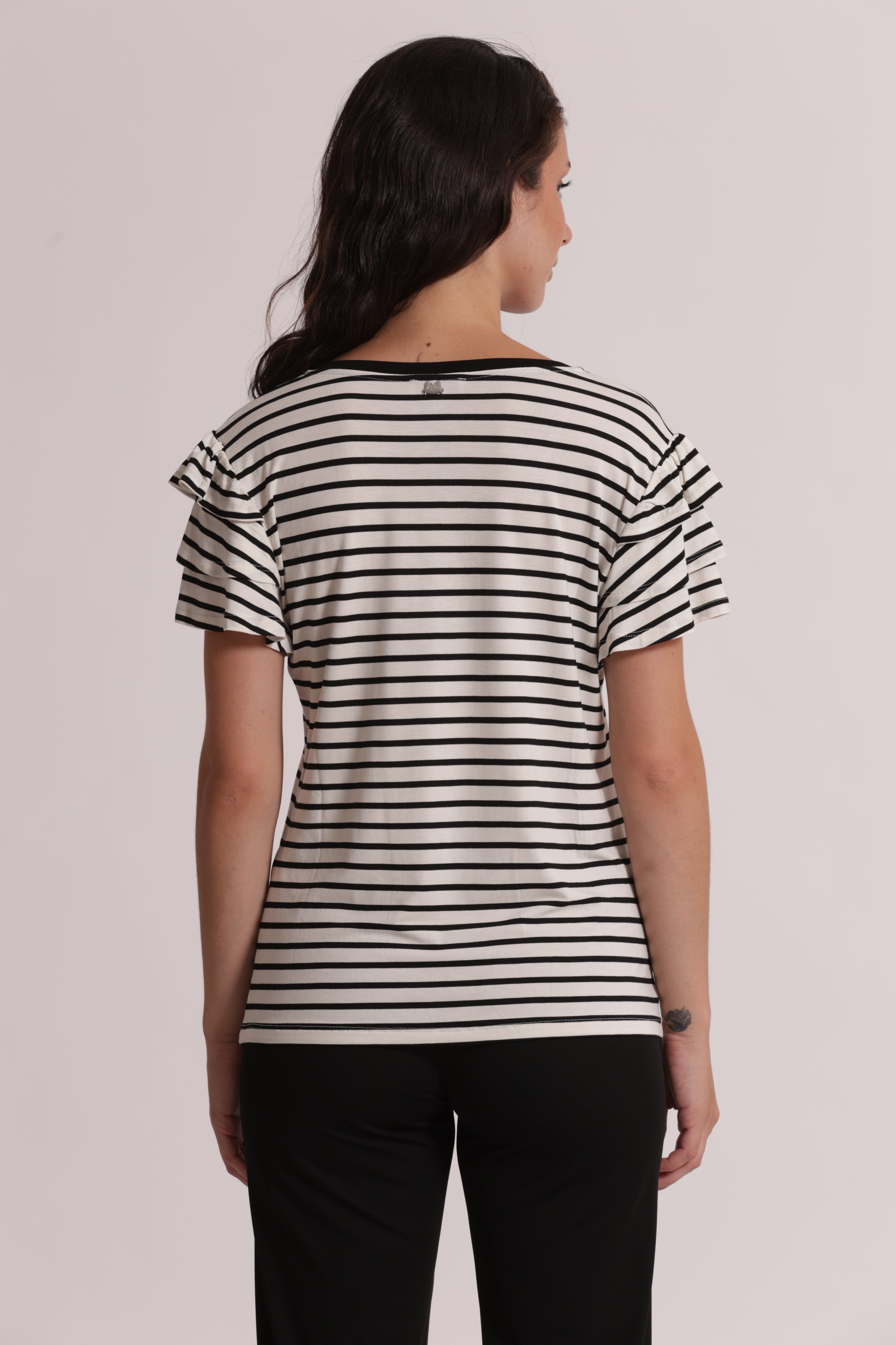 Mimi Mua T-Shirt Righe Maniche Volant Nero/Bianco Cotone