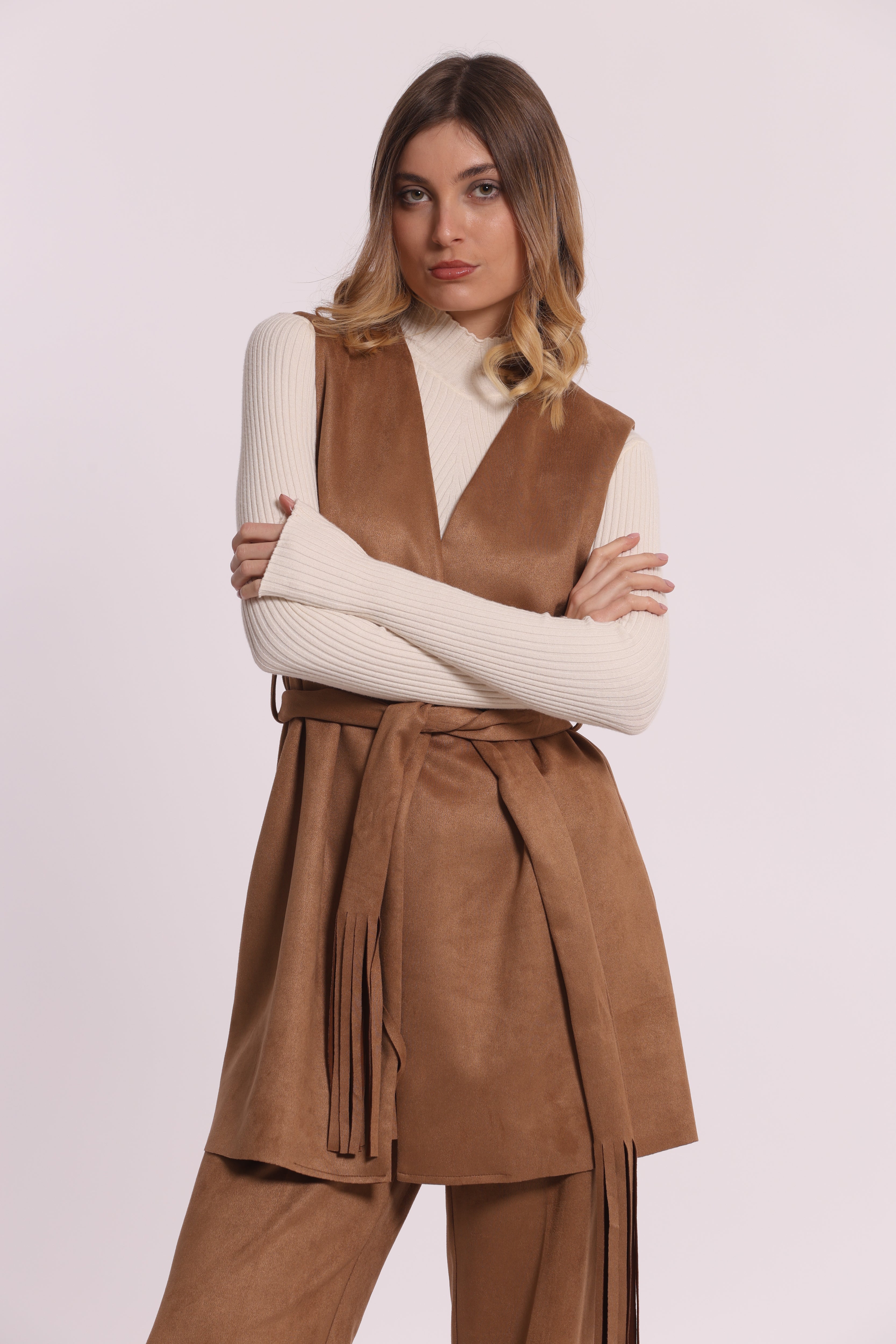 Mimi Mua Gilet Lungo Jersey Effetto Camoscio Beige