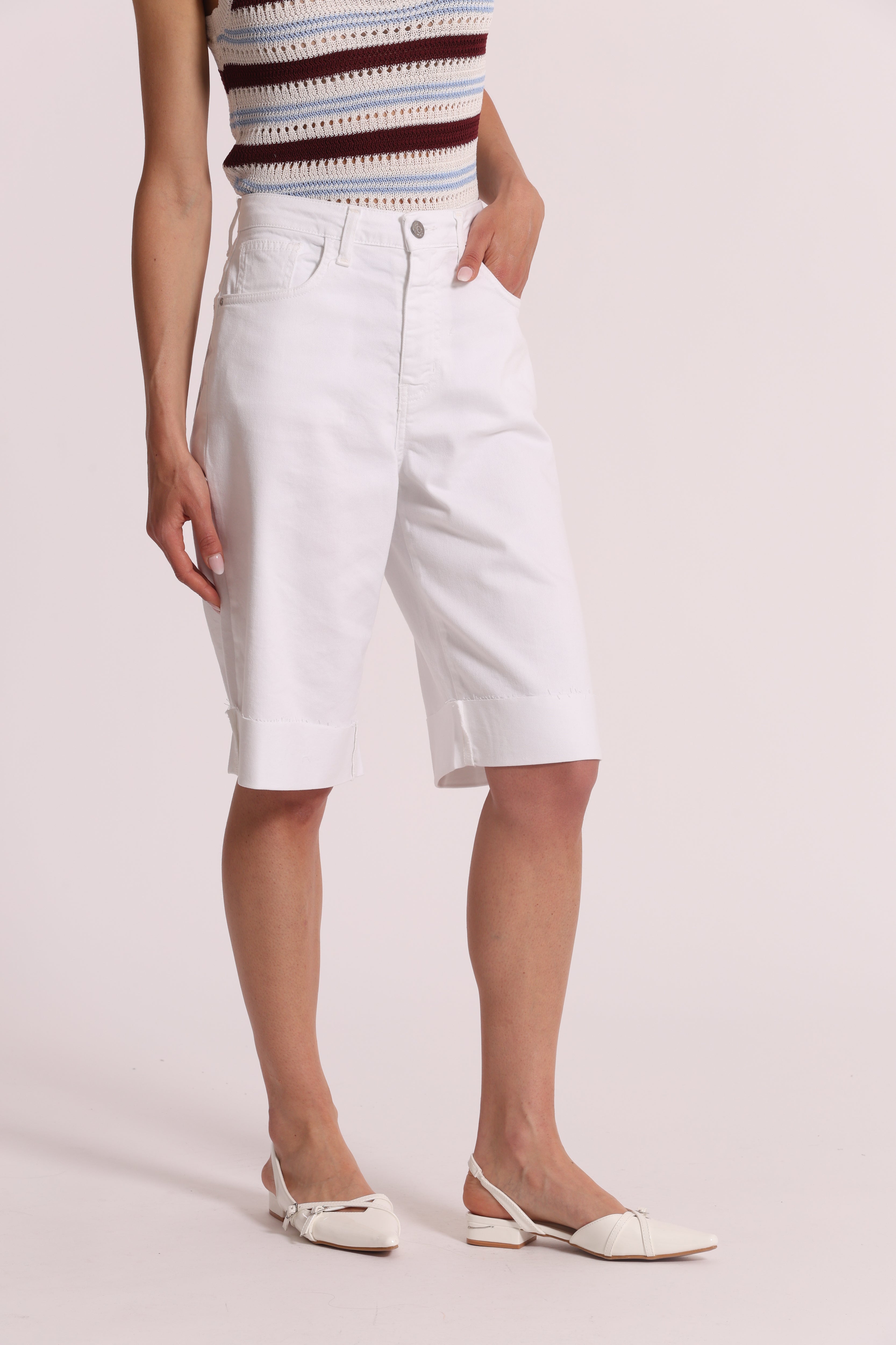 Mimi Mua Jeans Bermuda Bull Bianco Cotone Elasticizzato