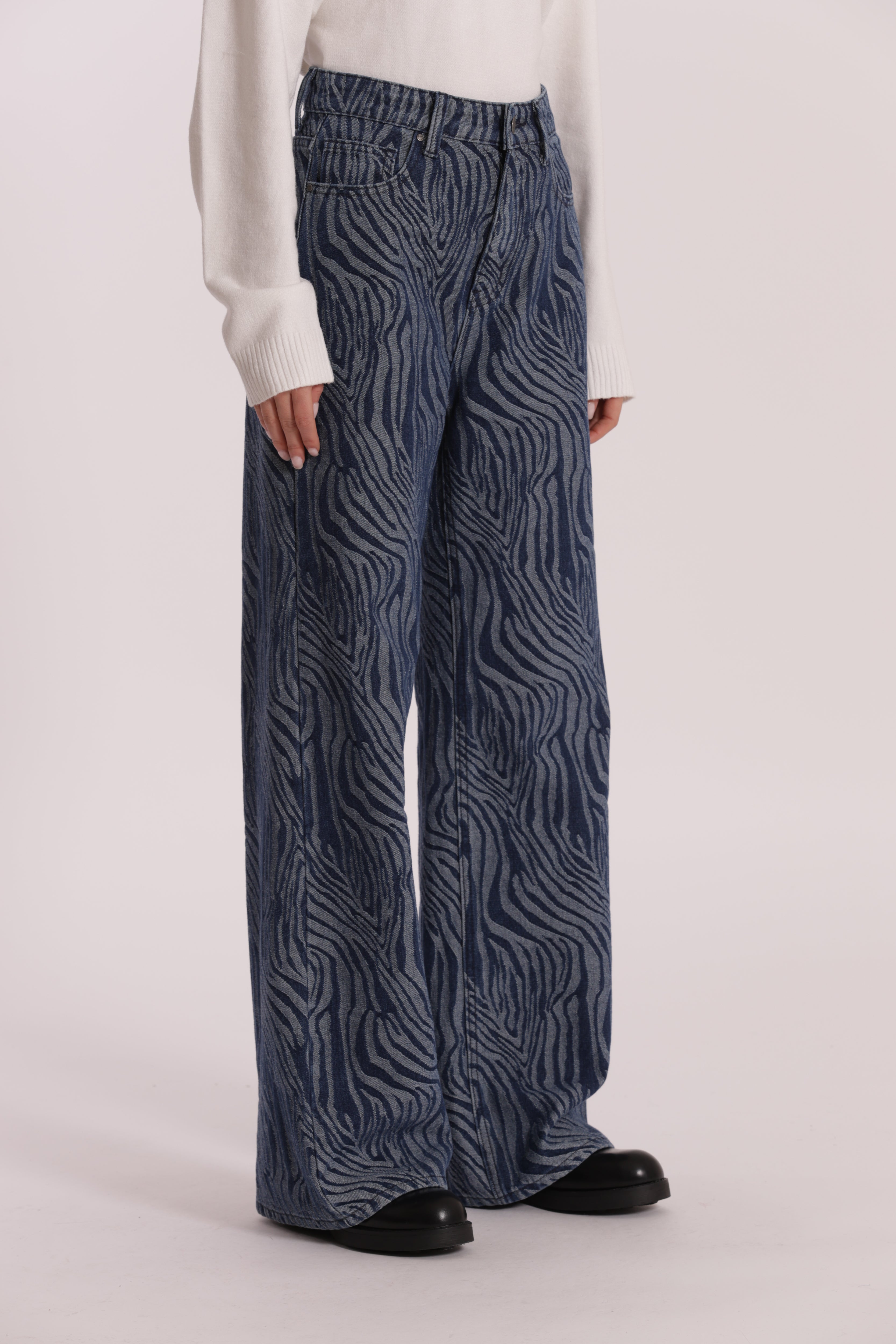 Mimi Mua Jeans Palazzo Jacquard Animalier Blu Scuro