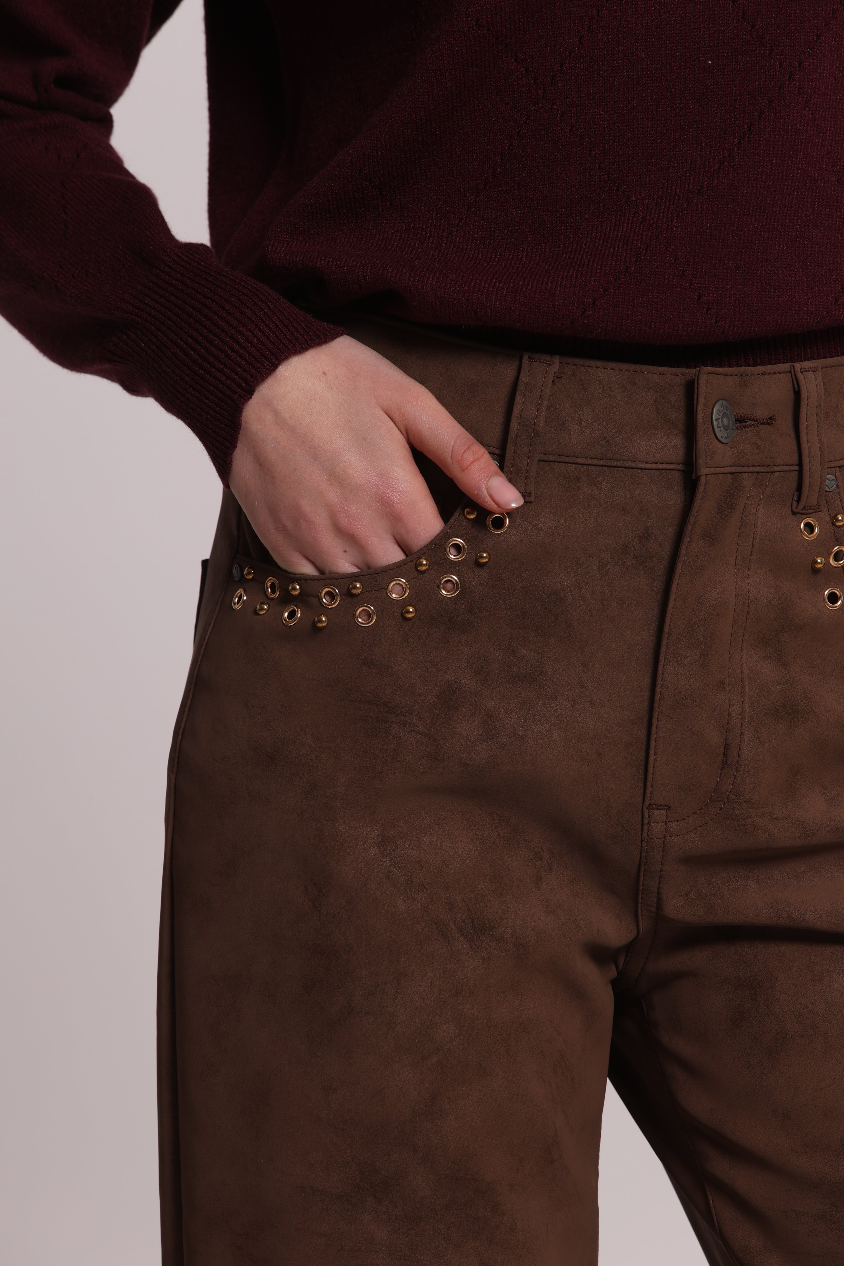 Mimi Mua Pantalone Spalmato Borchie Marrone