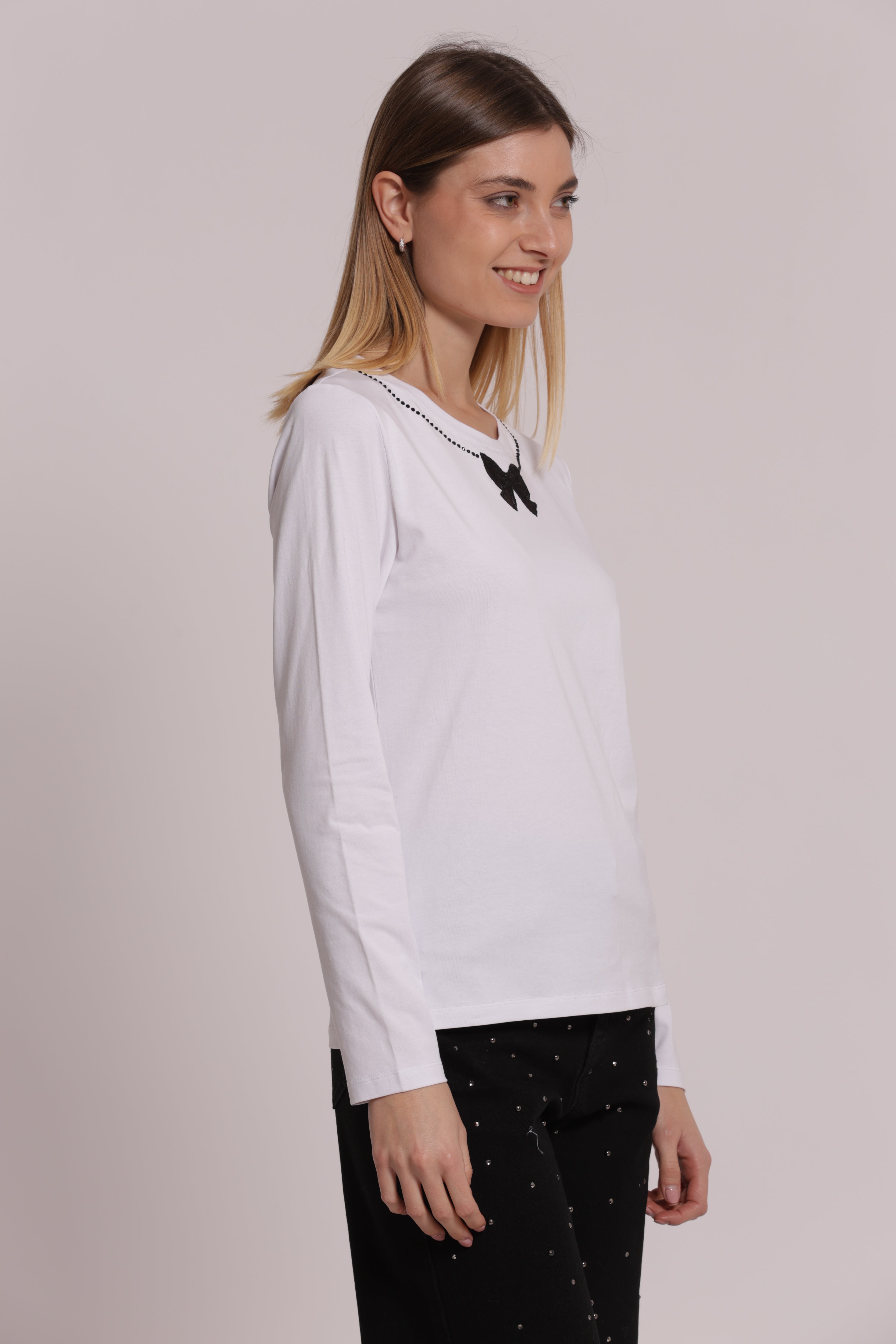Mimi Mua Fiocco Frontale t-shirt maniche lunghe bianca
