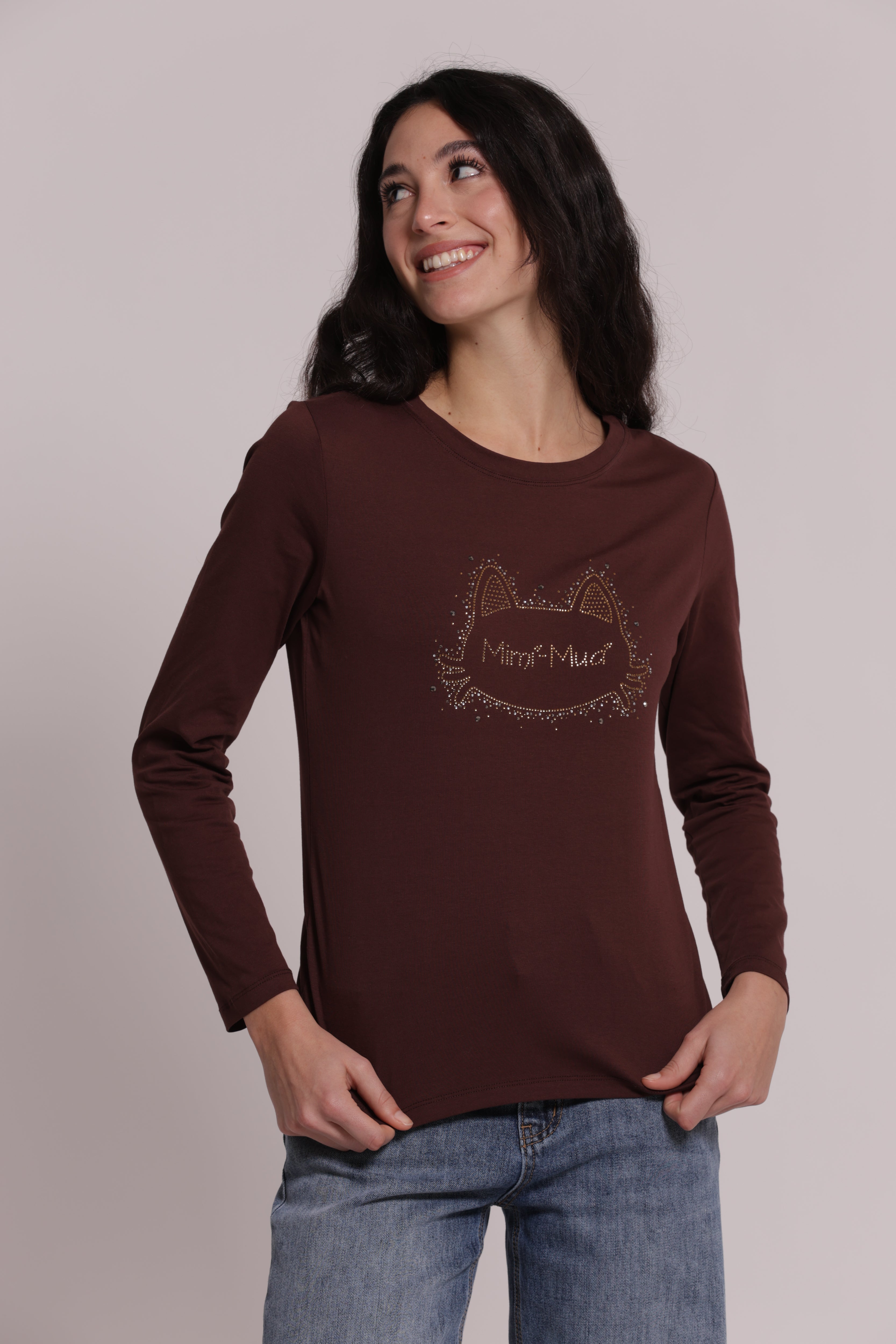 Mimi Mua T-Shirt Maniche Lunghe Gatto Strass Bianca