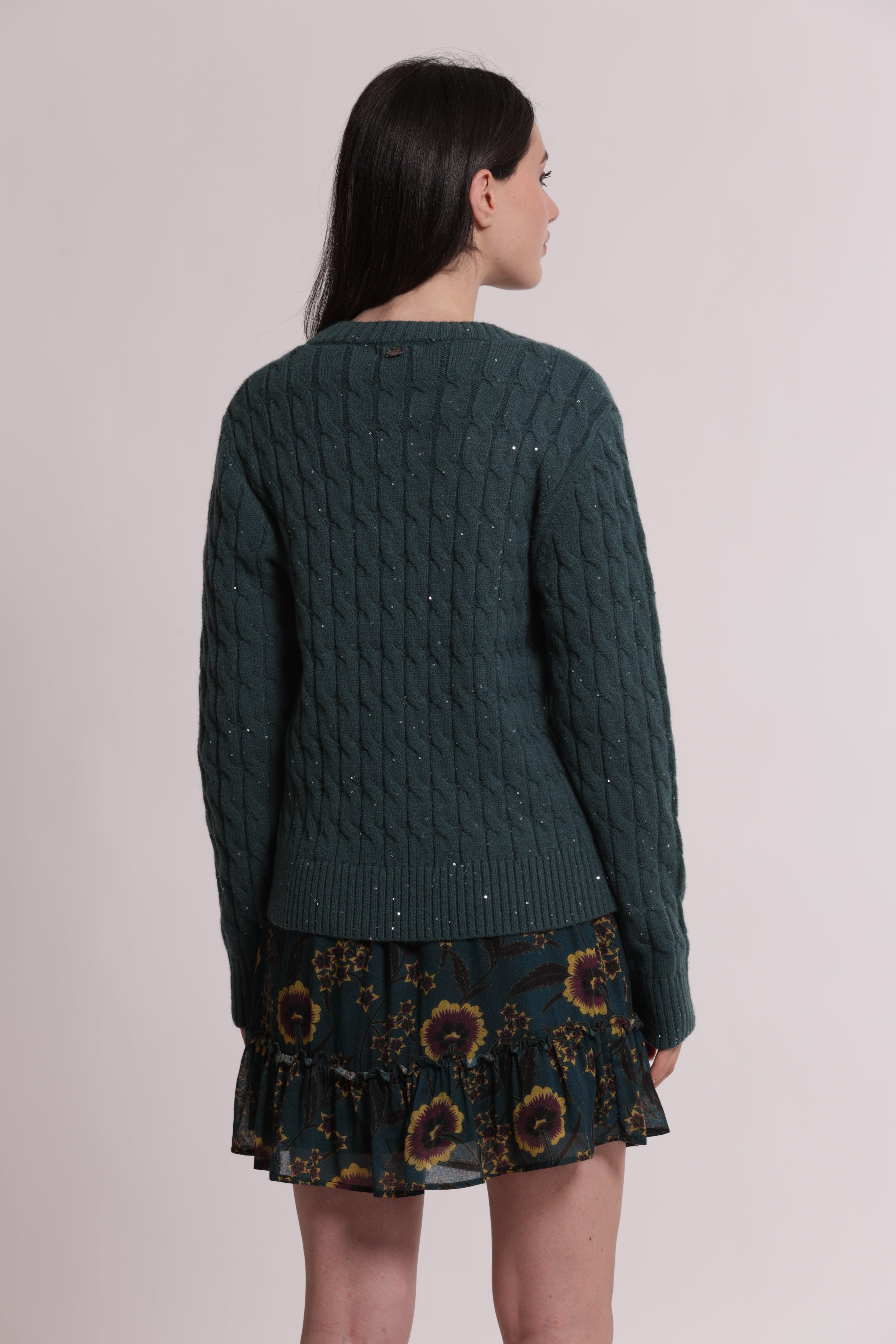 Mimi Mua maglia scollo a V treccia paillettes nera