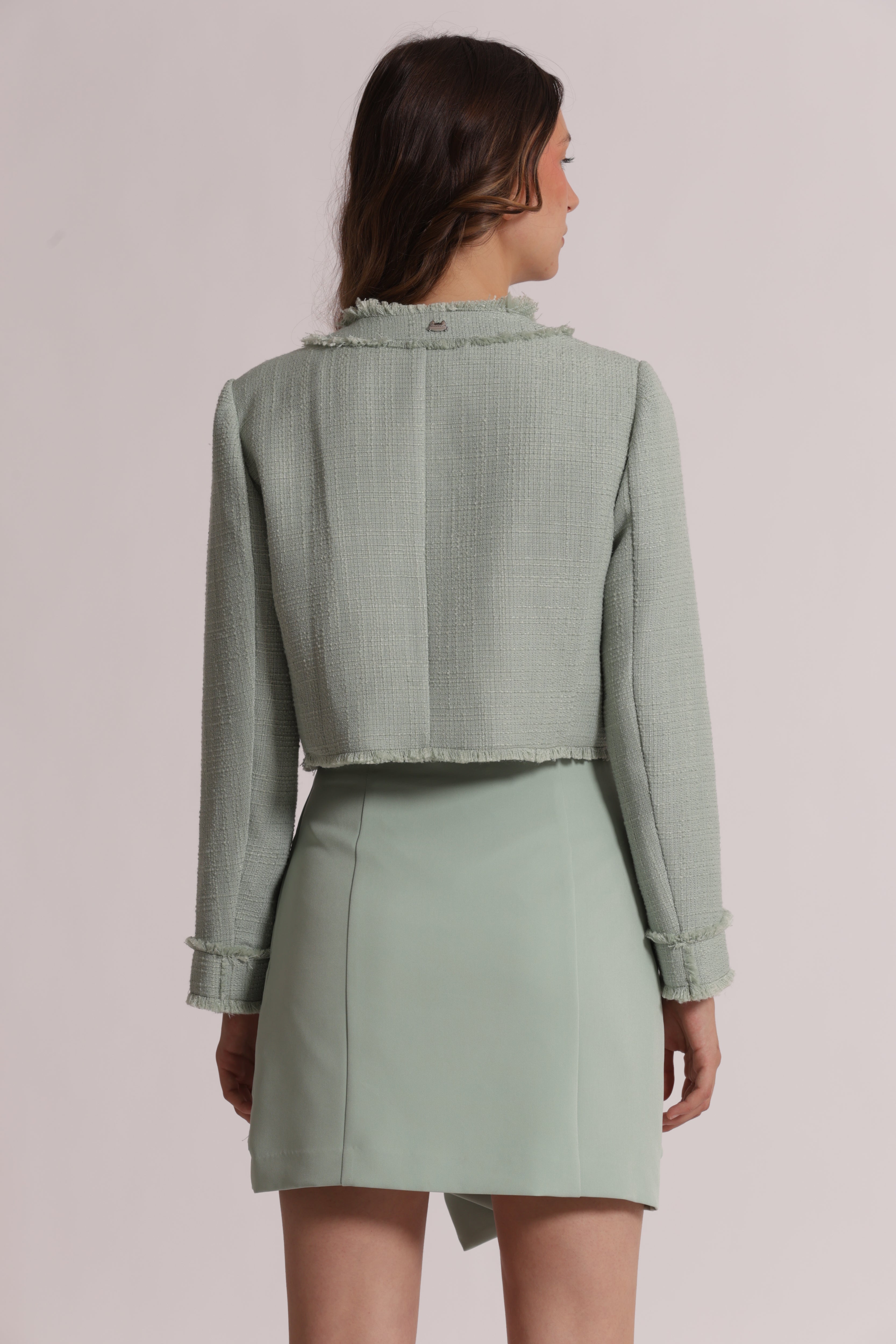 Mimi Mua Giacca Tweed Bottoni Gioiello Giacca Verde Menta