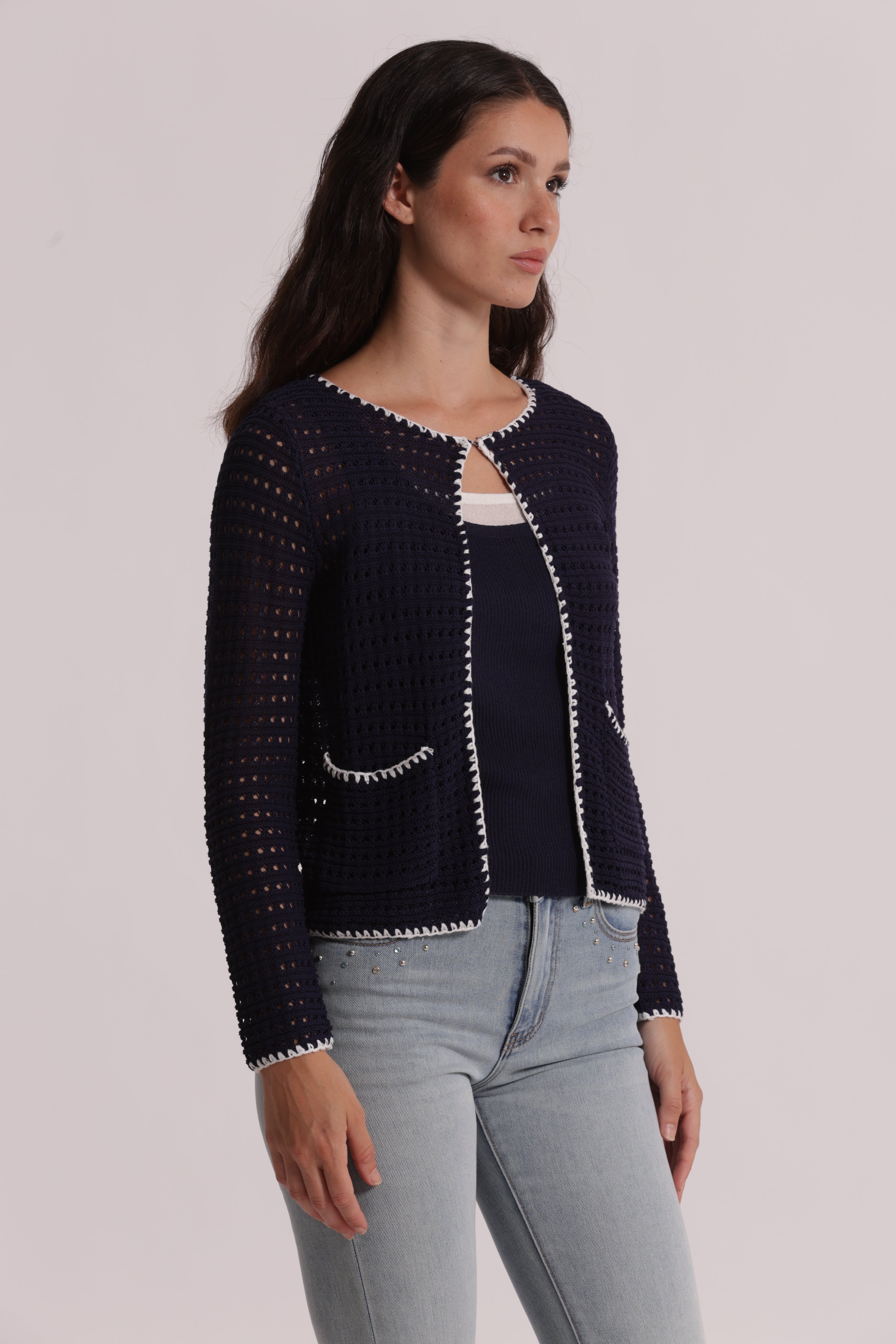 Mimi Mua Cardigan Traforato Bicolor Blu/Bianco