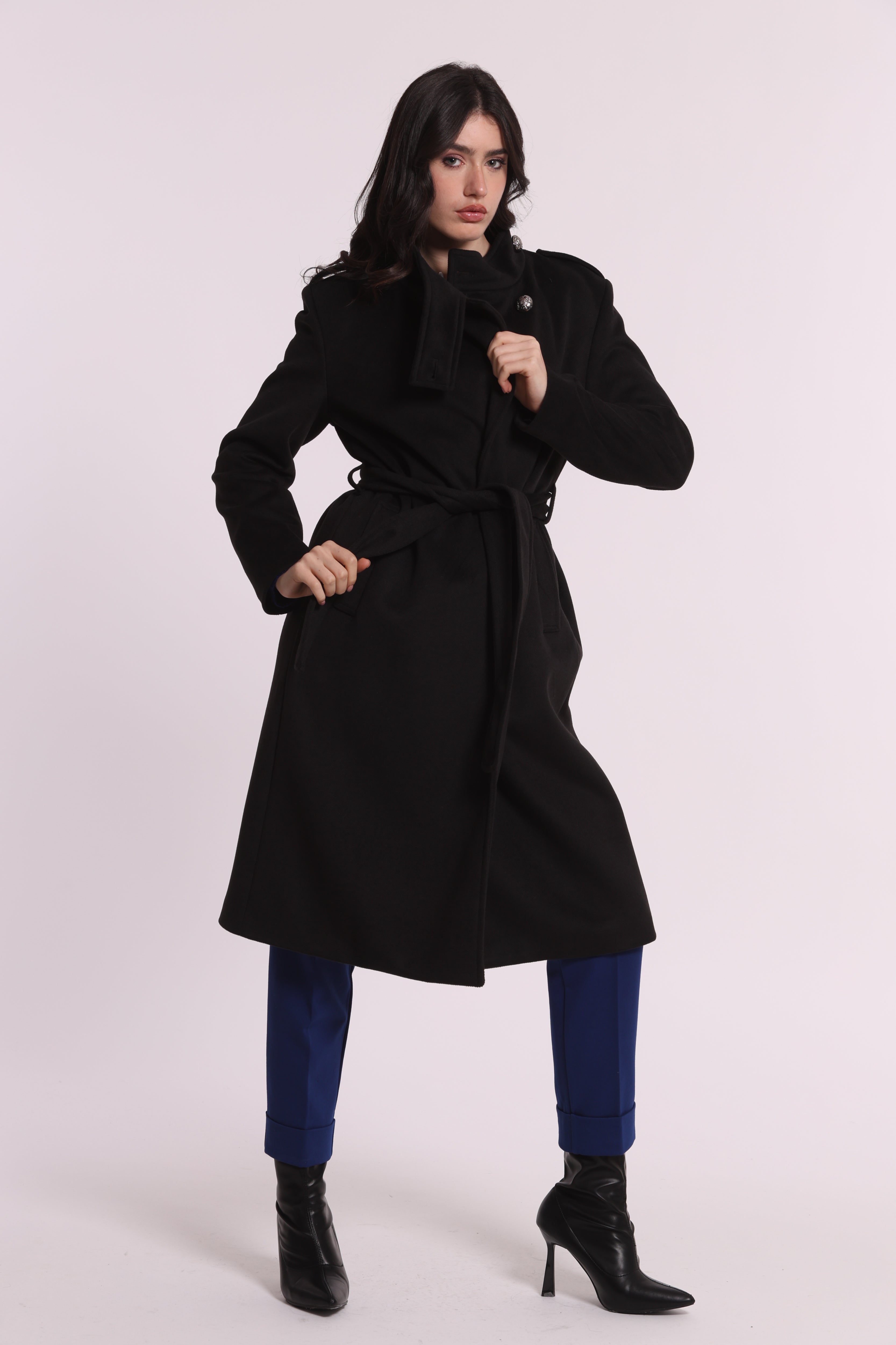 Mimi Mua Cappotto Cintura Bottoni Militari Nero