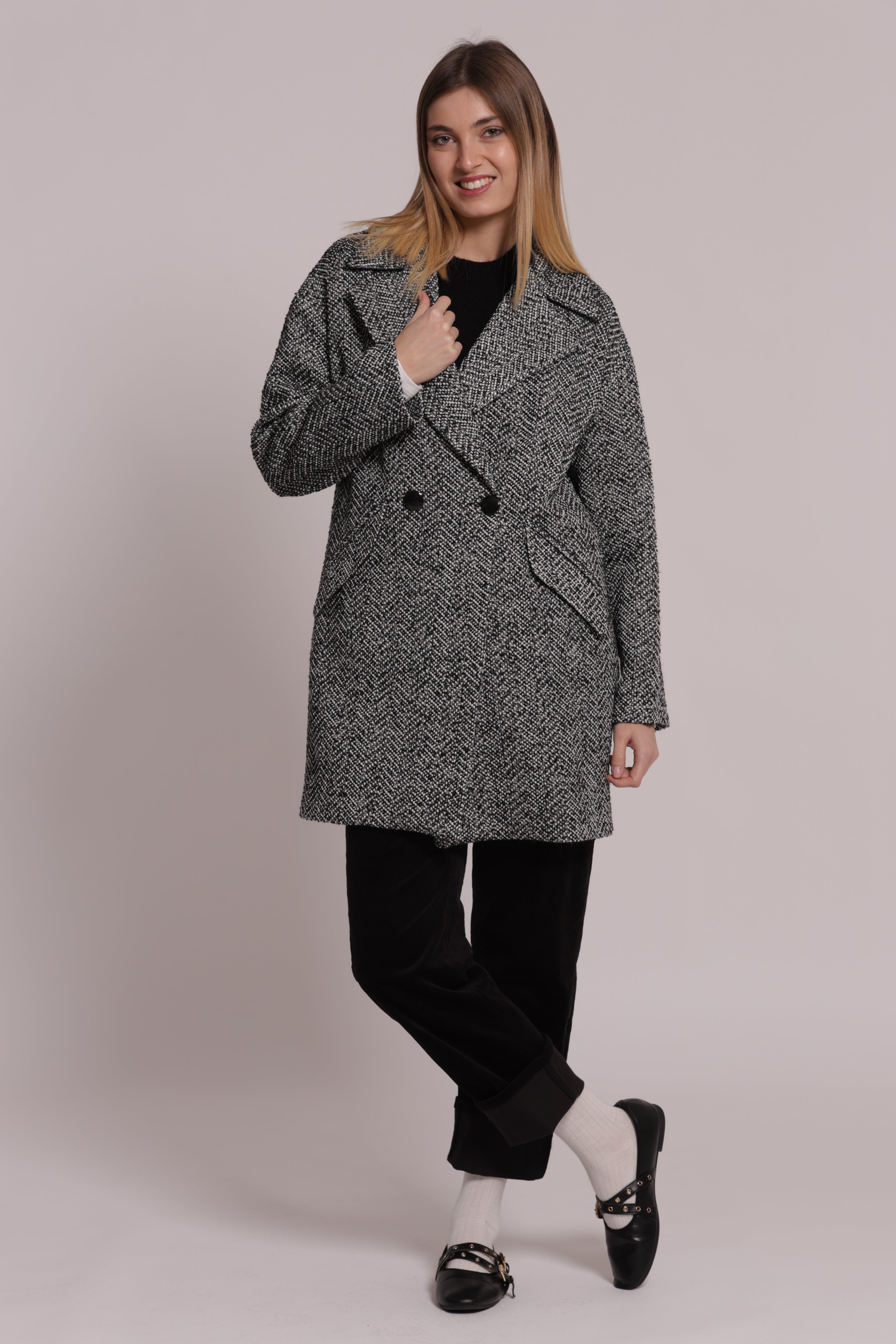 Mimi Mua Over Cappotto Spigato Nero/Bianco