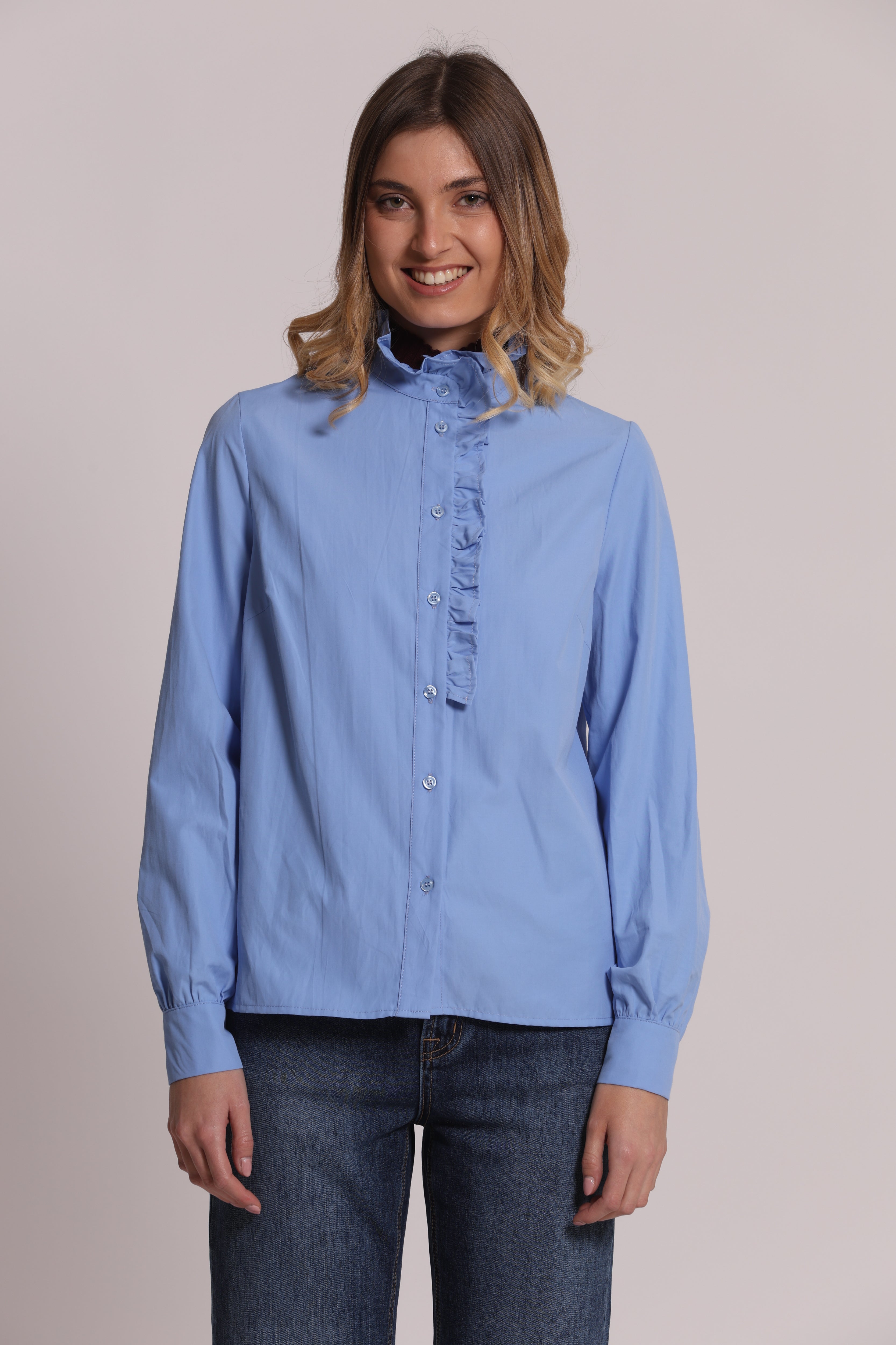 Mimi Mua Camicia Rouches Collo Bianco cotone