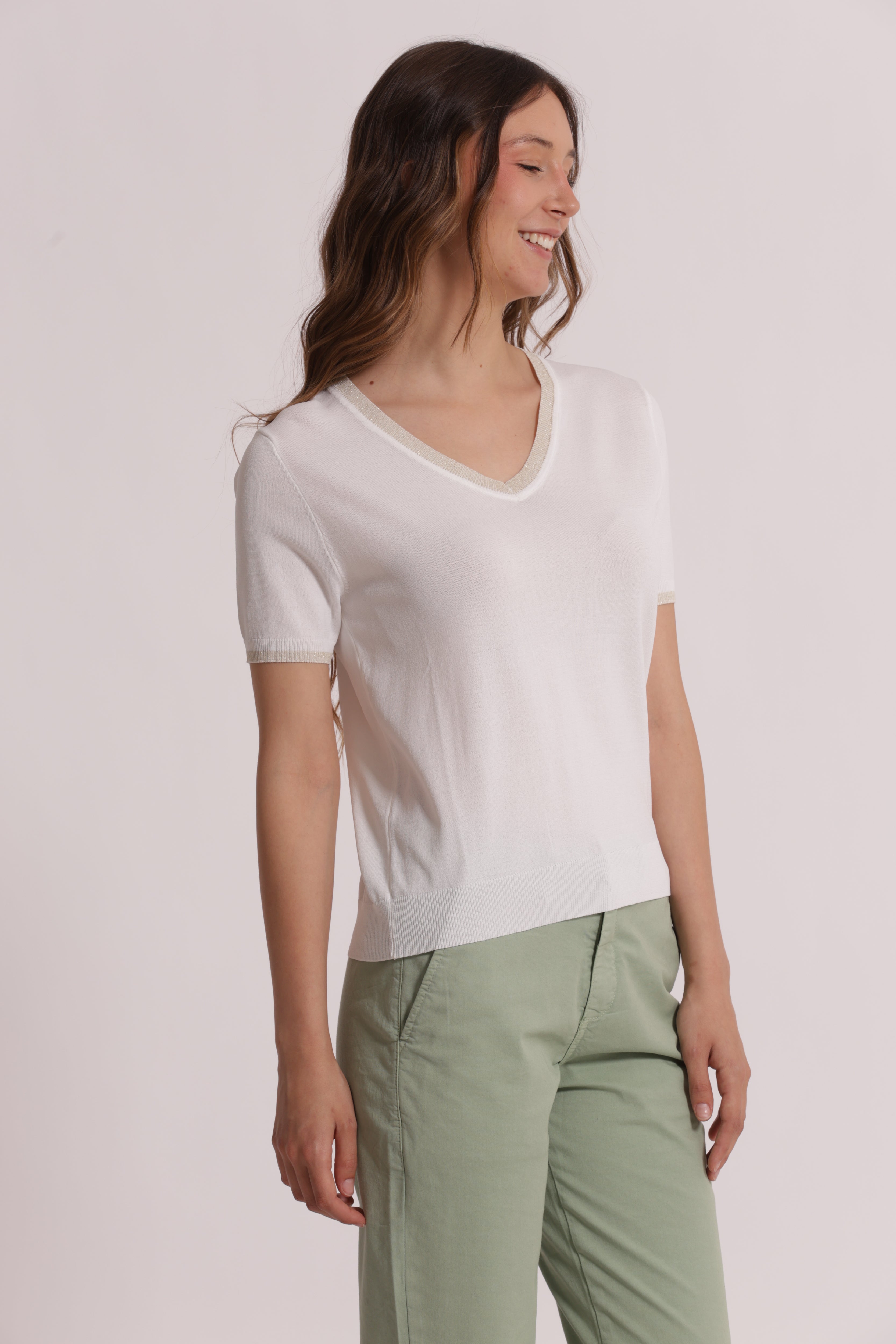 Mimi Mua Maglia Maniche Corte Lurex Panna