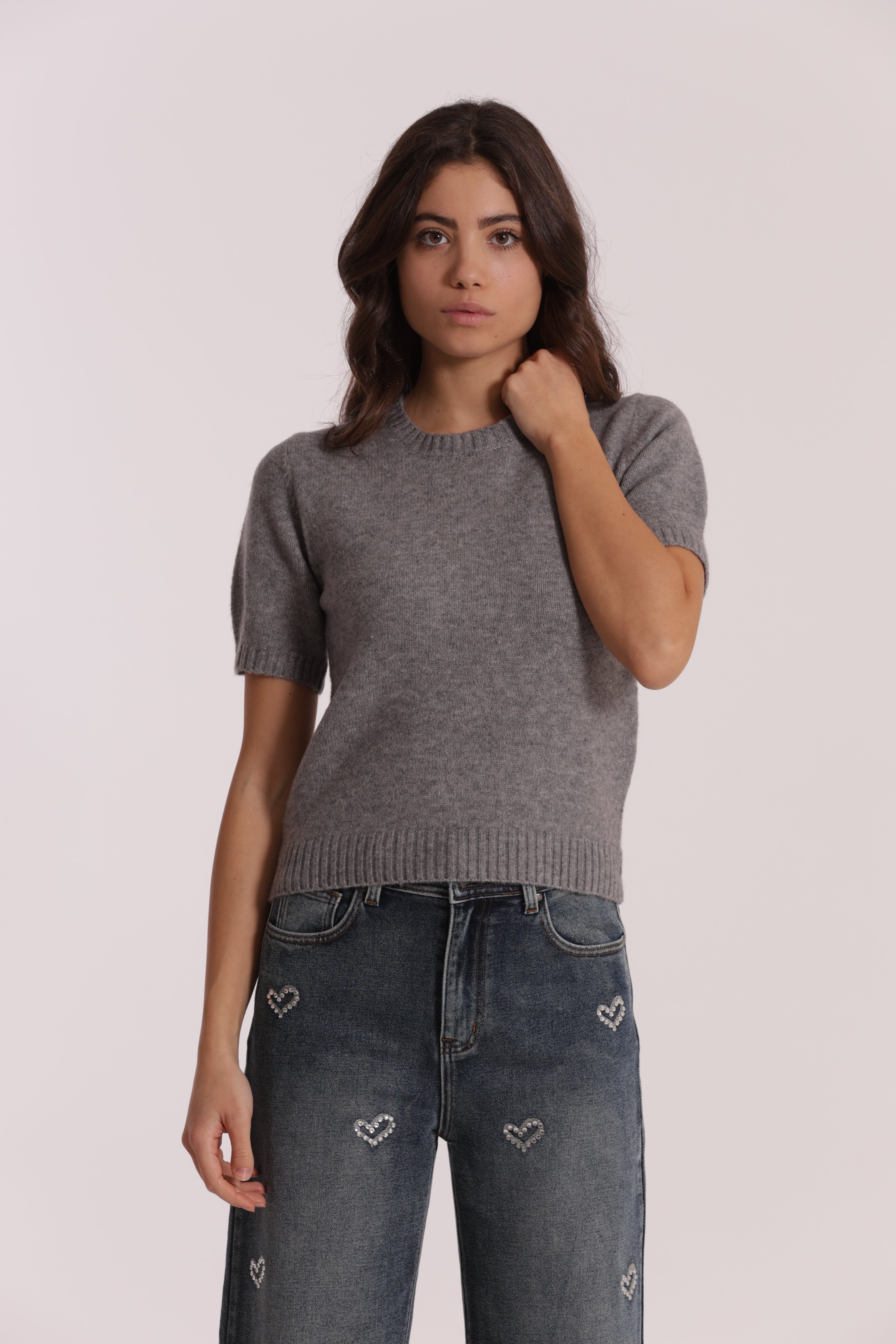 Mimi Mua Maglia Maniche Corte Nero Misto Lana