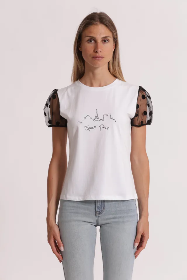 Mimi Mua Esprit Paris T-Shirt Bianco Maniche Pois