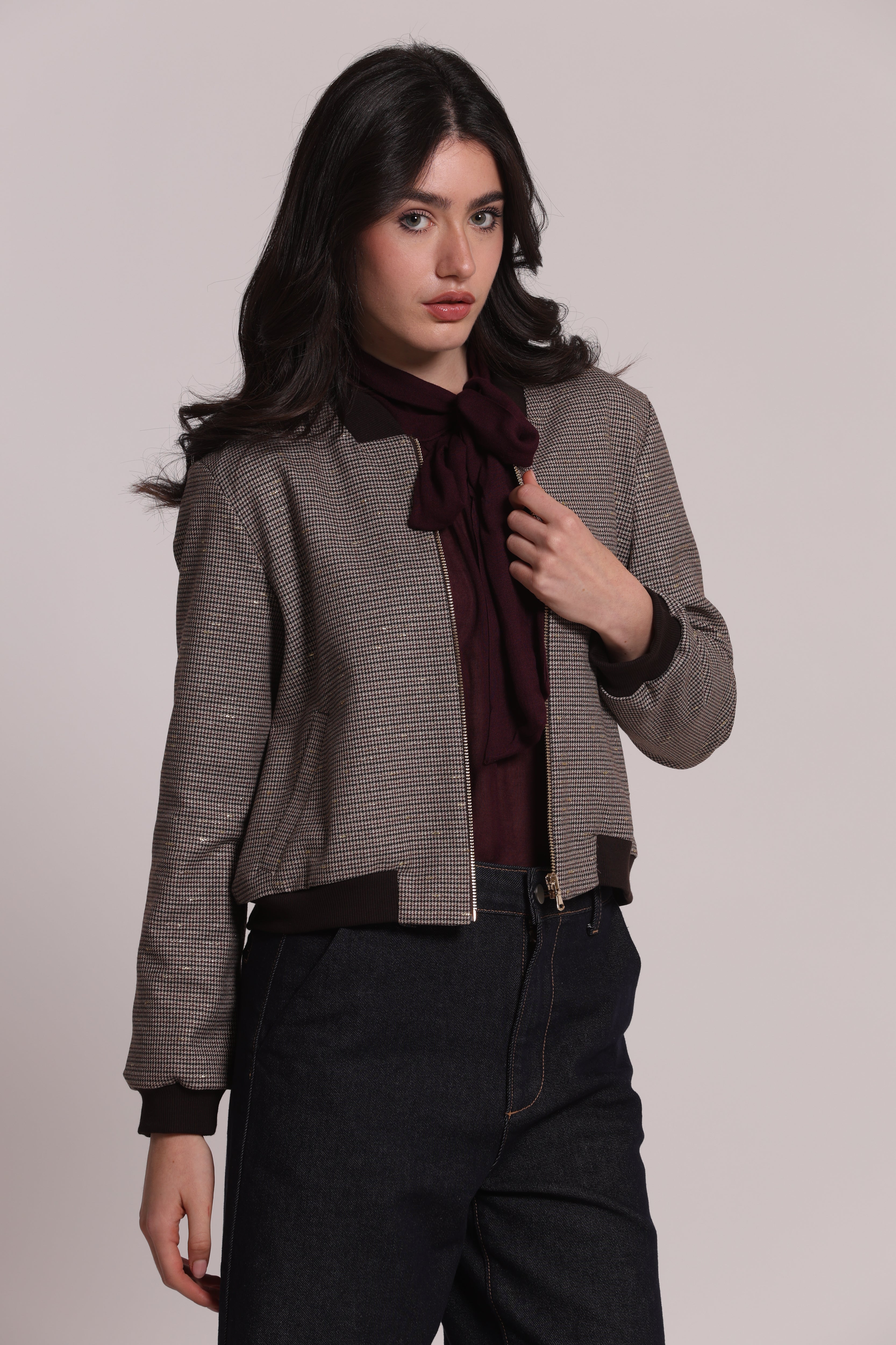 Mimi Mua Giacca Bomber Zip Pied de Poule Lurex Bordeaux/Beige