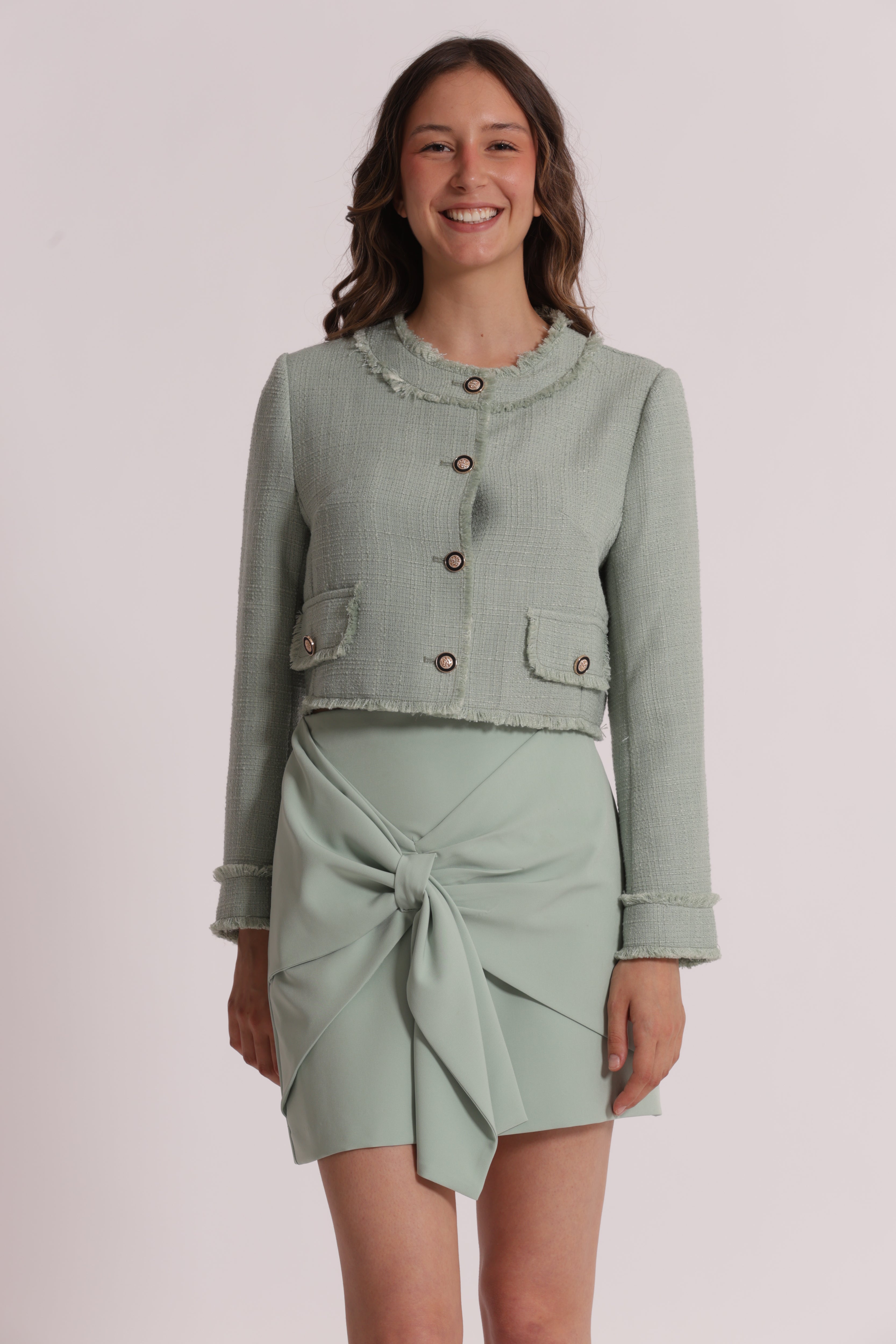 Mimi Mua Giacca Tweed Bottoni Gioiello Giacca Verde Menta