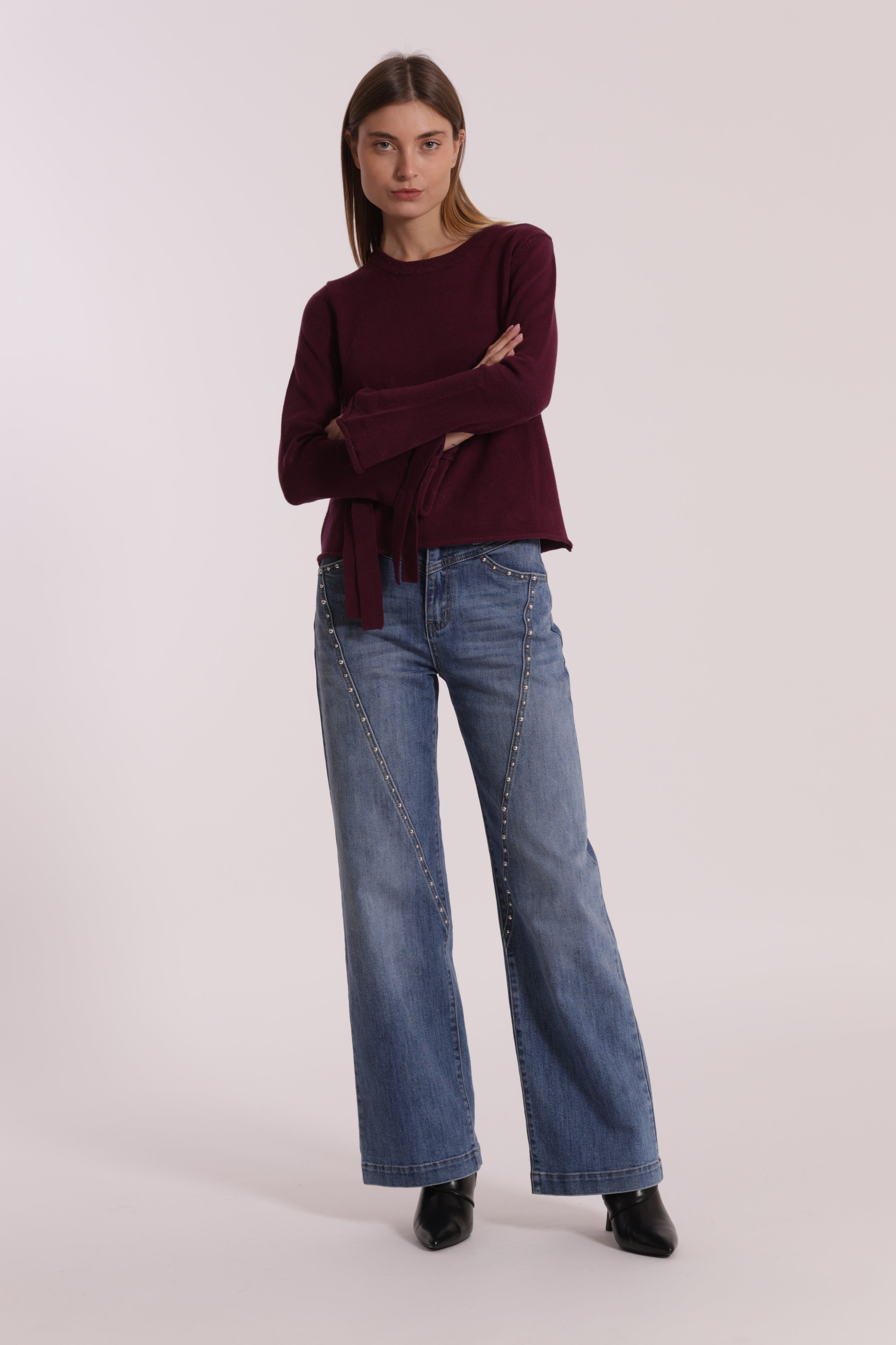 Mimi Mua jeans wide leg borchie blu medio