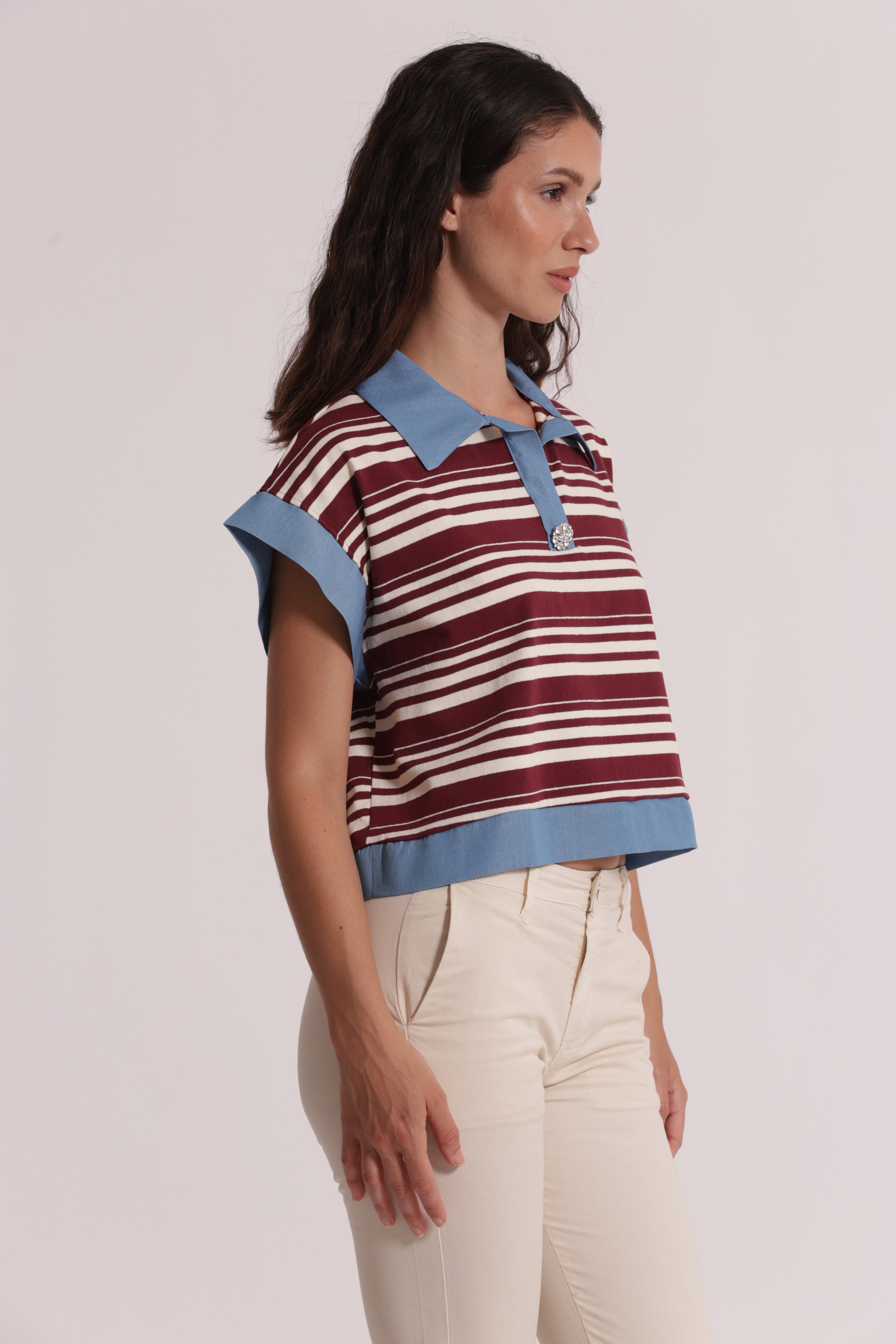 Mimi Mua T-Shirt Colletto Righe Denim Blu Panna