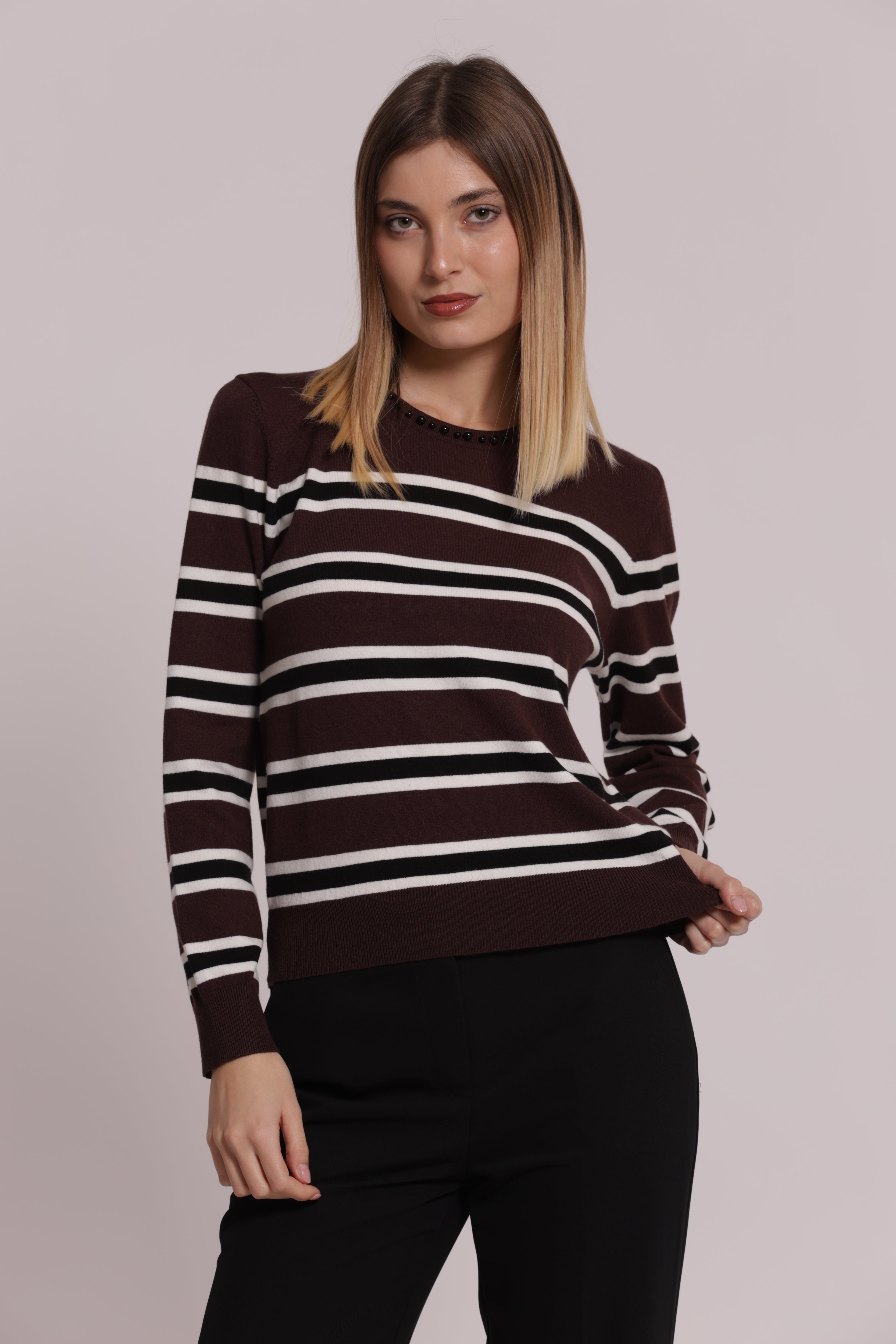 Mimi Mua Maglia a Righe con Perle moro