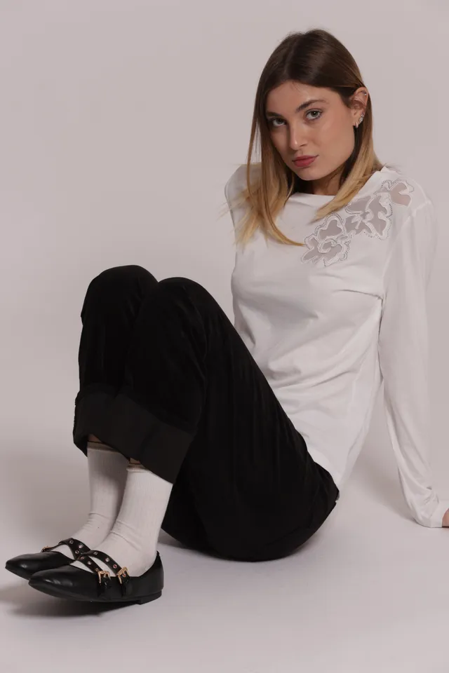 Mimi Mua Trasparenze Strass t-shirt nero maniche lunghe