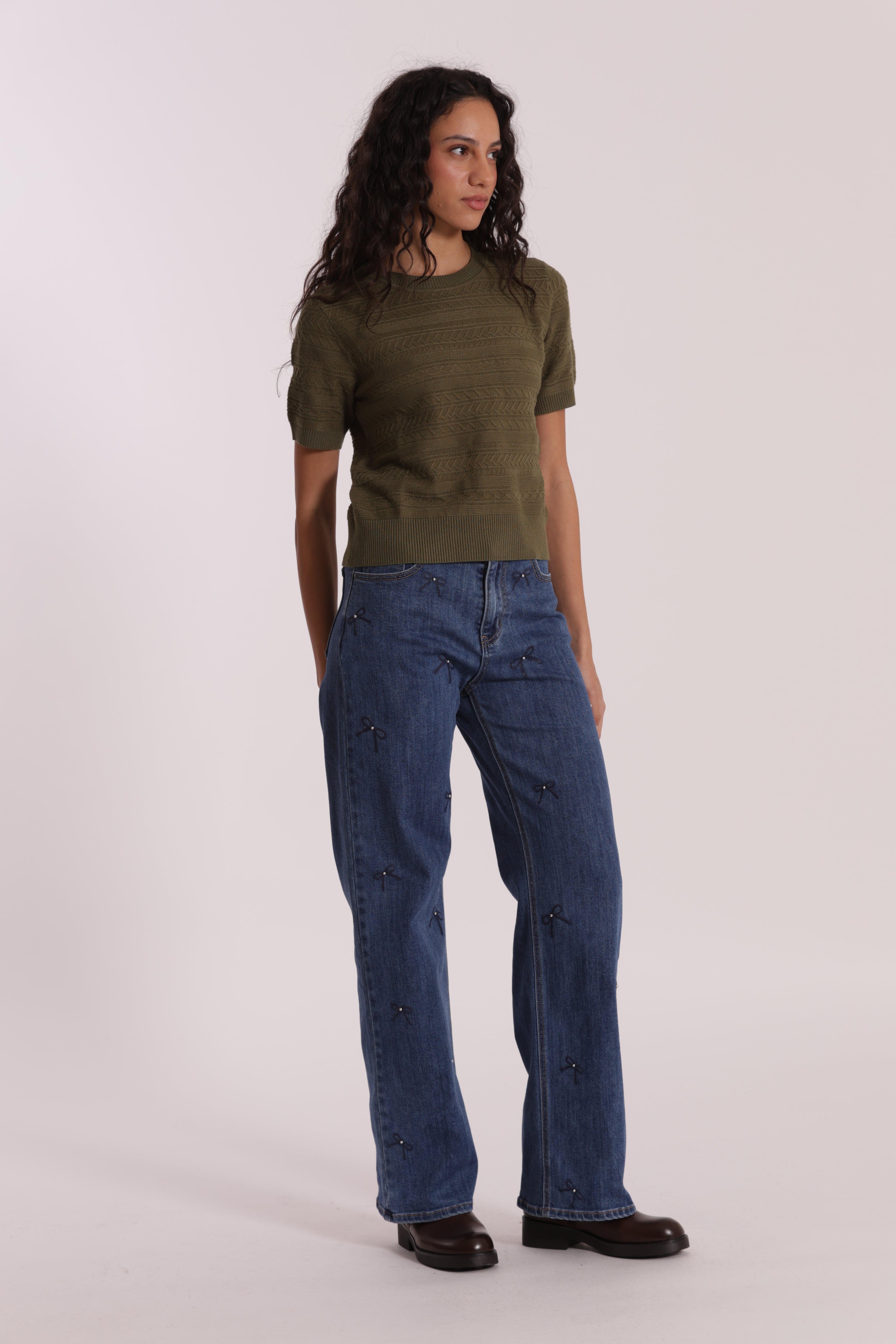 Mimi Mua Wide Leg jeans stampa fiocco nero