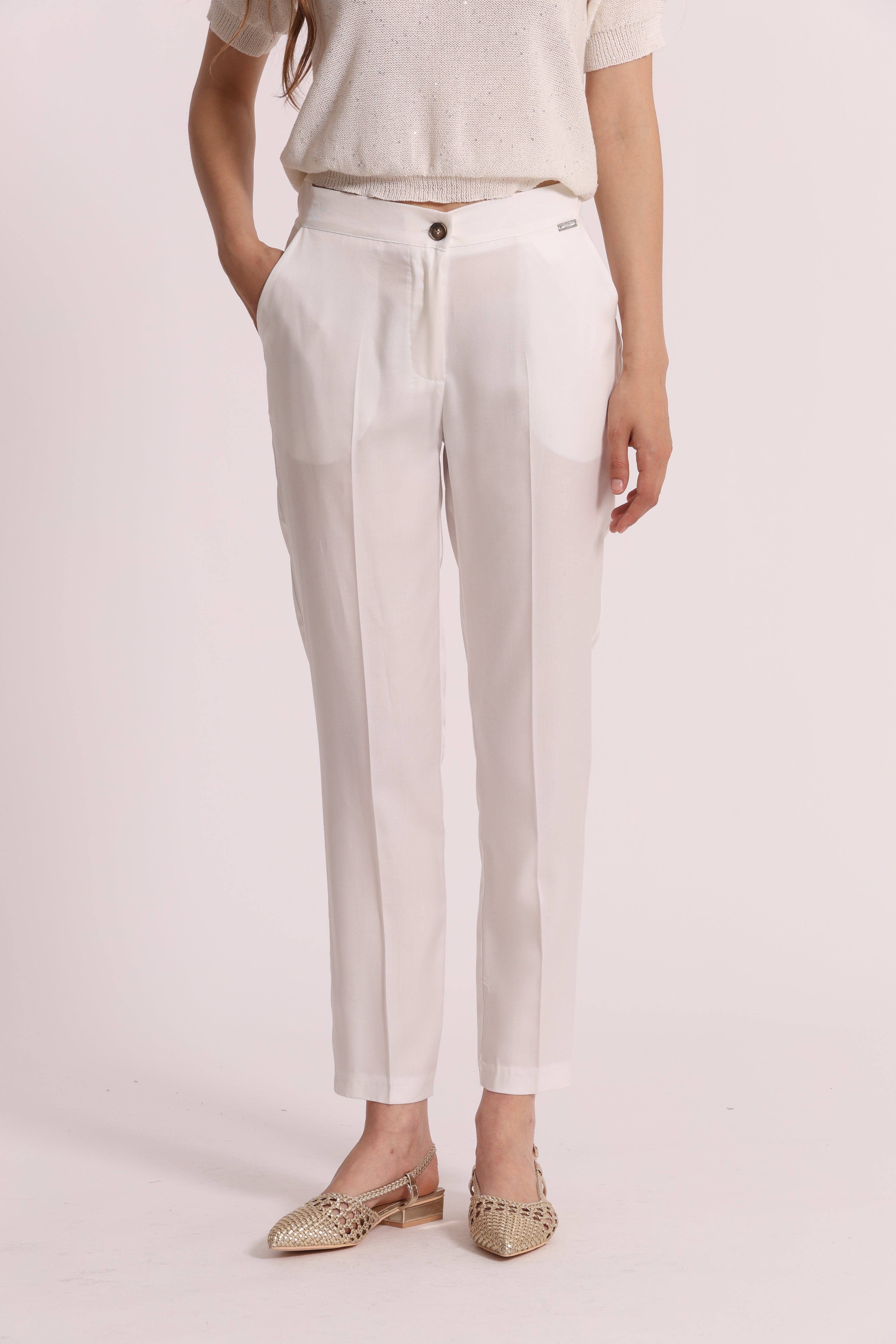 Mimi Mua Pantalone Sigaretta Lyocell Panna con Elastico