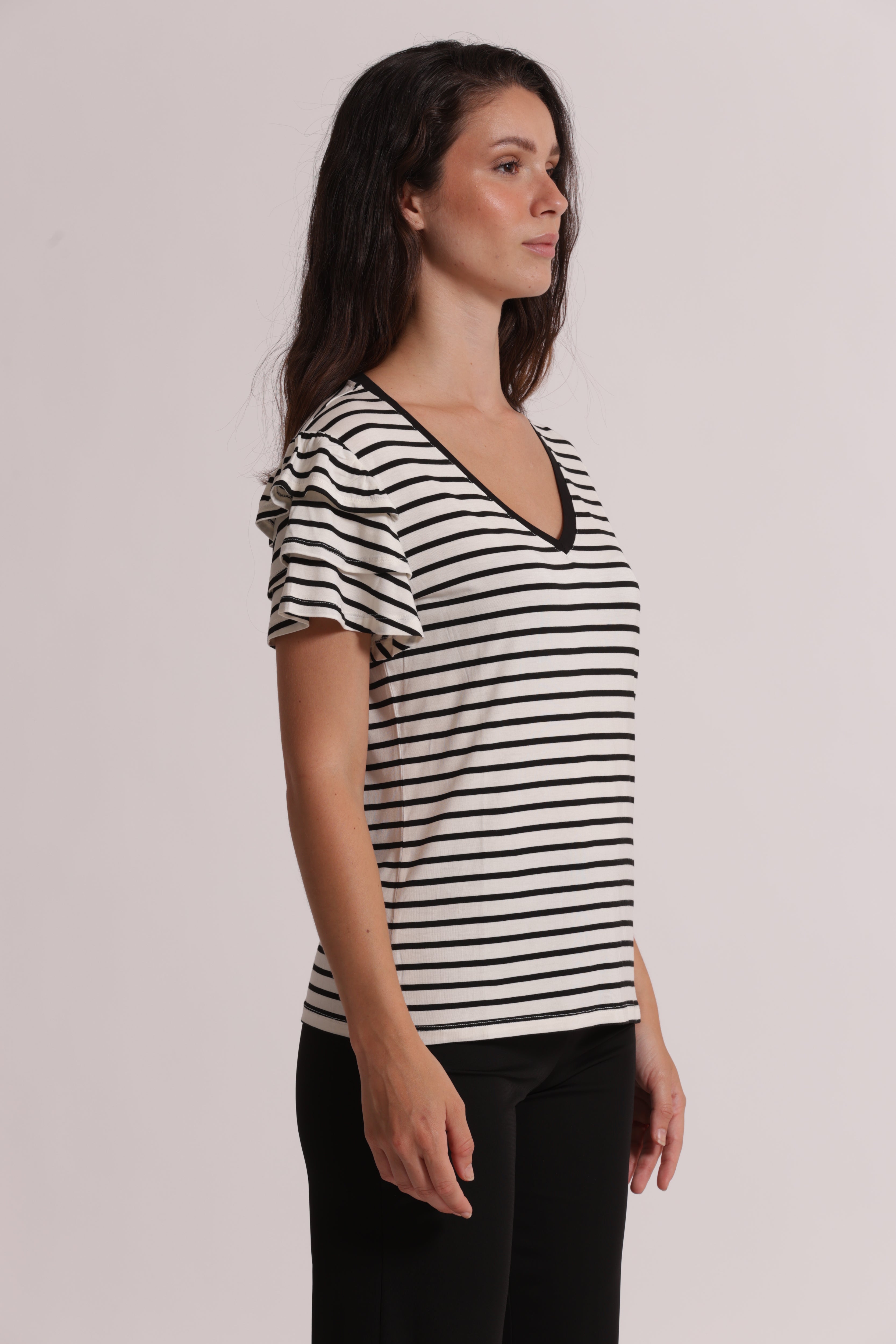 Mimi Mua T-Shirt Righe Maniche Volant Nero/Bianco Cotone