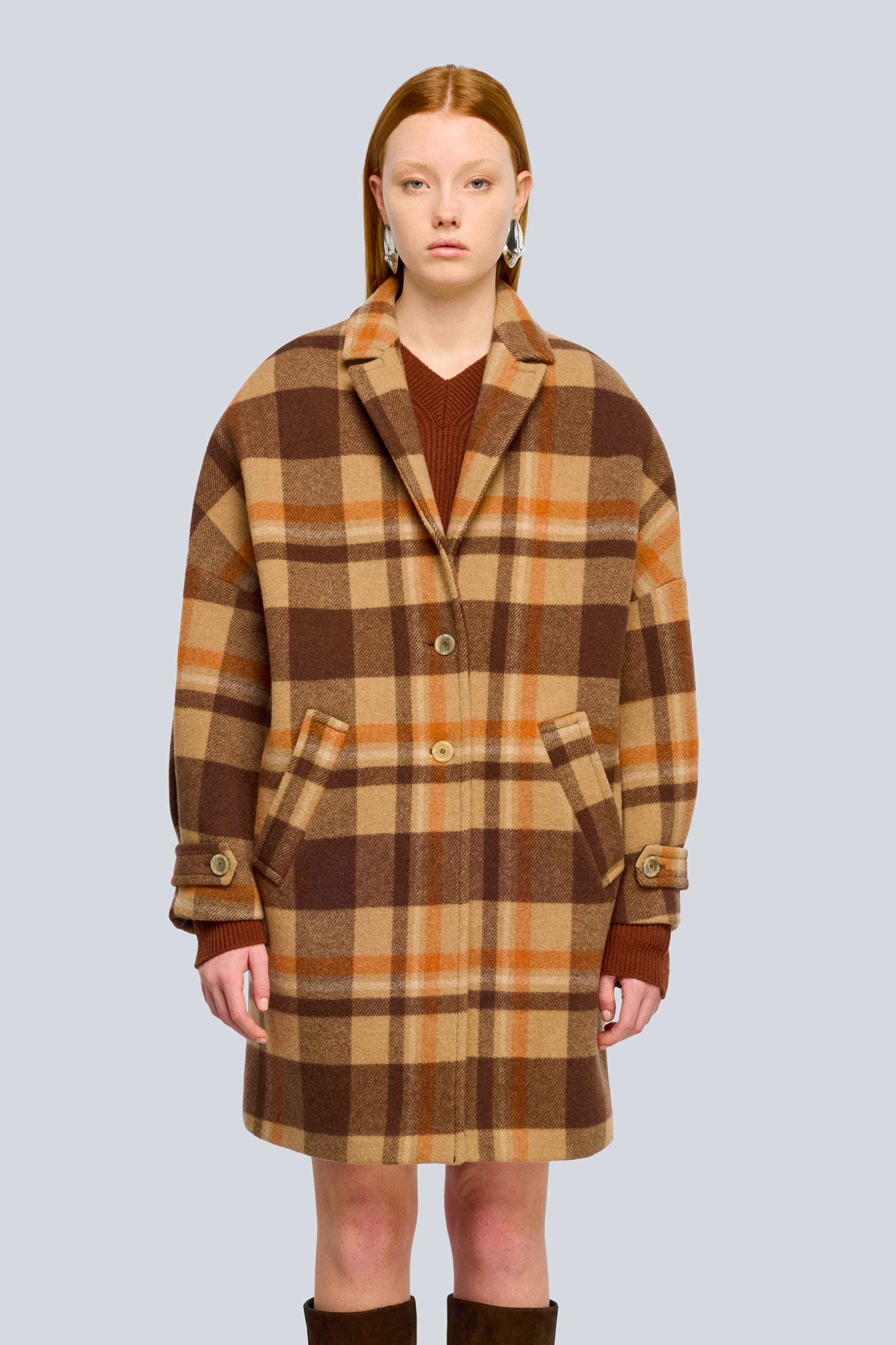 Semicouture Y6WV86 cappotto lungo check moka in panno