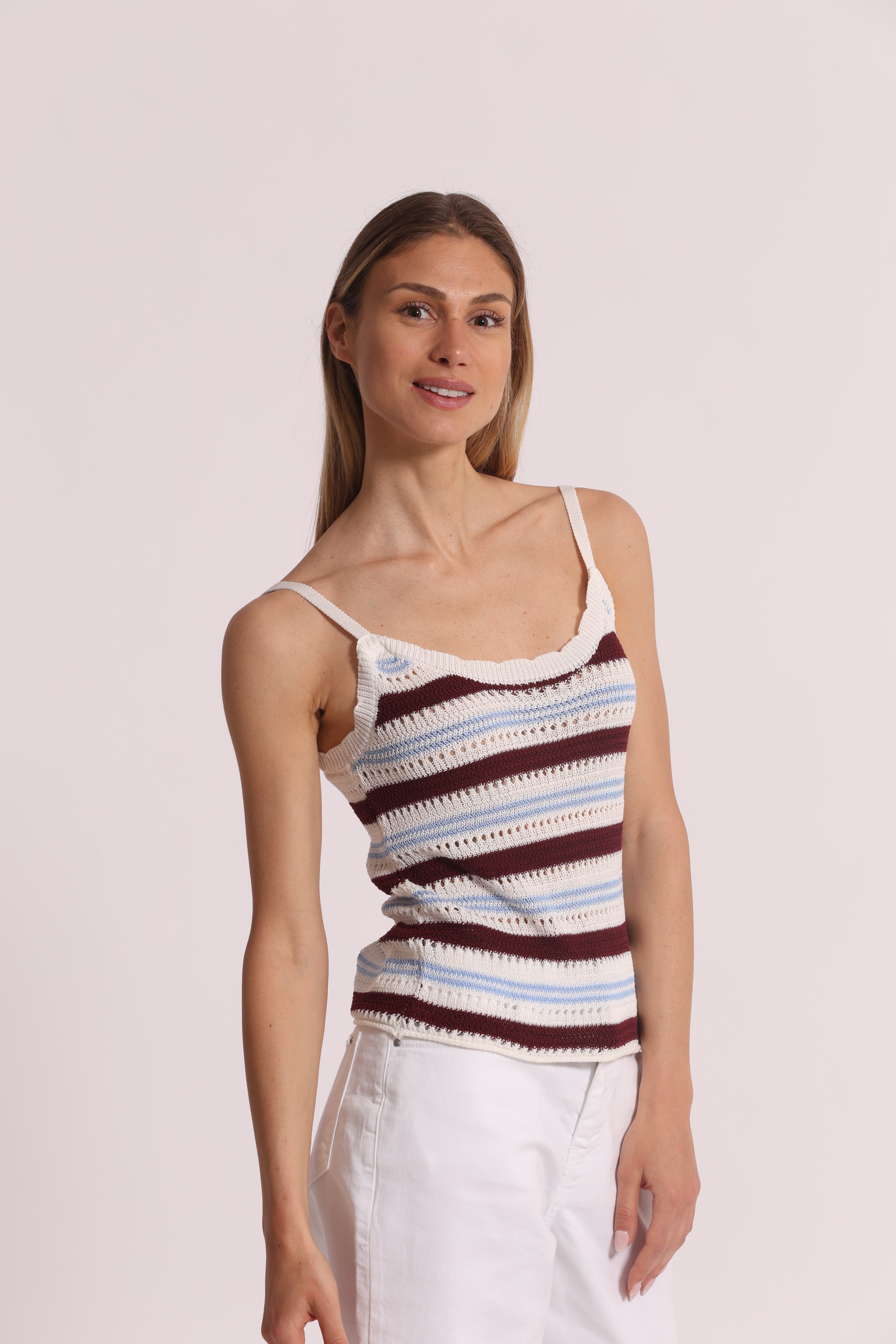 Mimi Mua Top Traforato Bicolor panna bordeaux blu