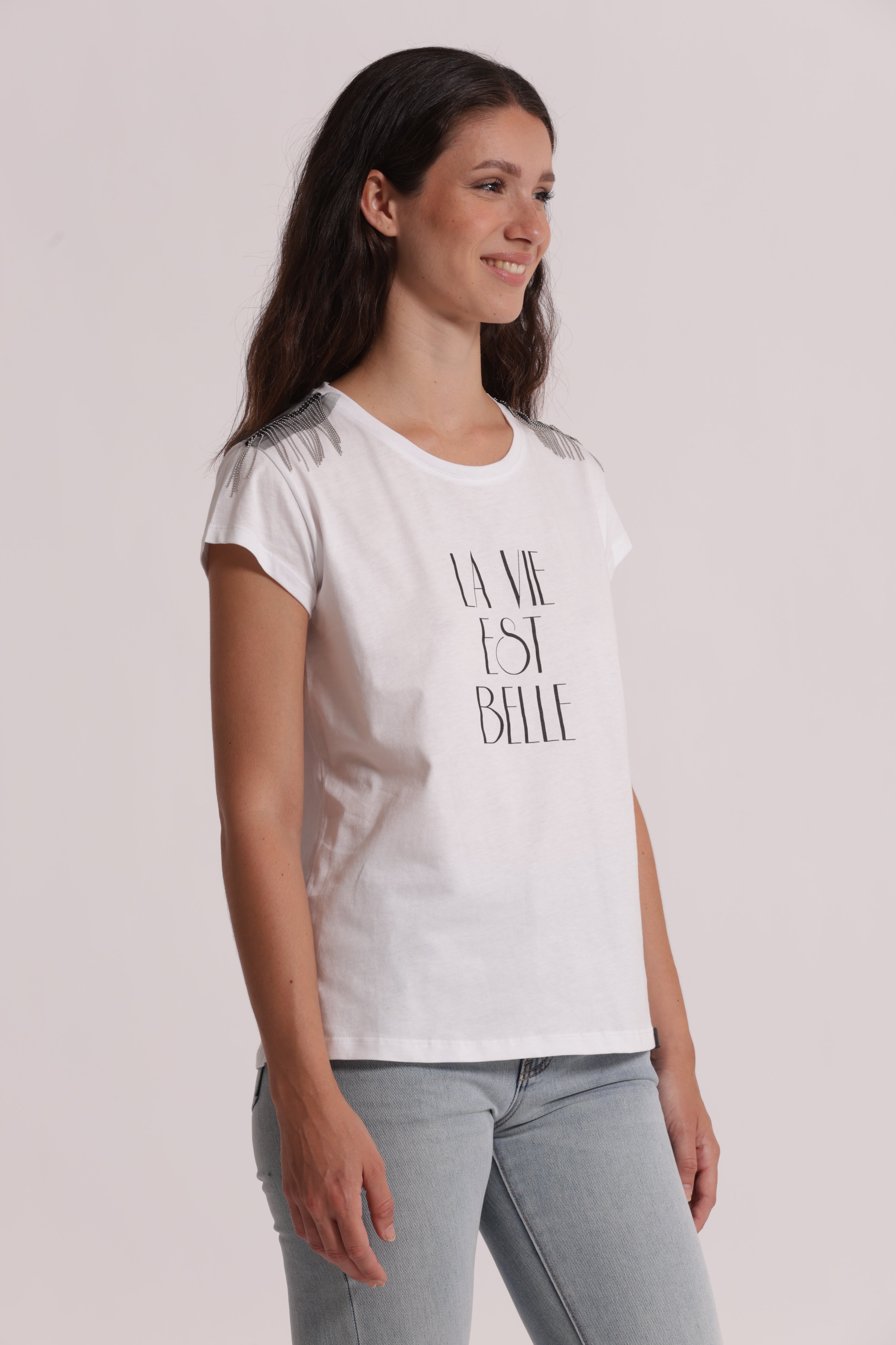 Mimi Mua T-Shirt La Vie Est Belle Frange Bianca Cotone