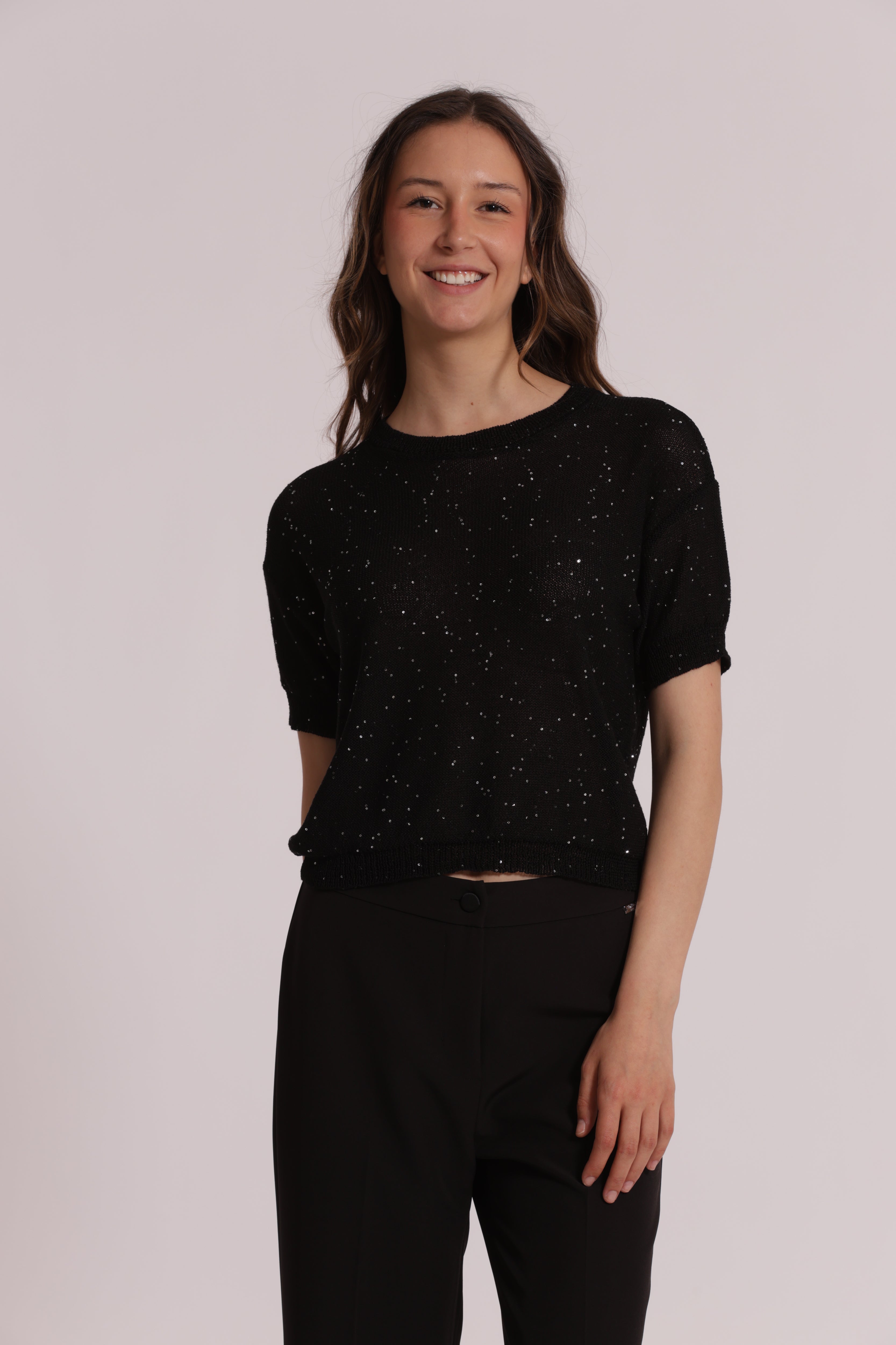 Mimi Mua Maglia Paillettes Trasparente Nero Maniche Corte