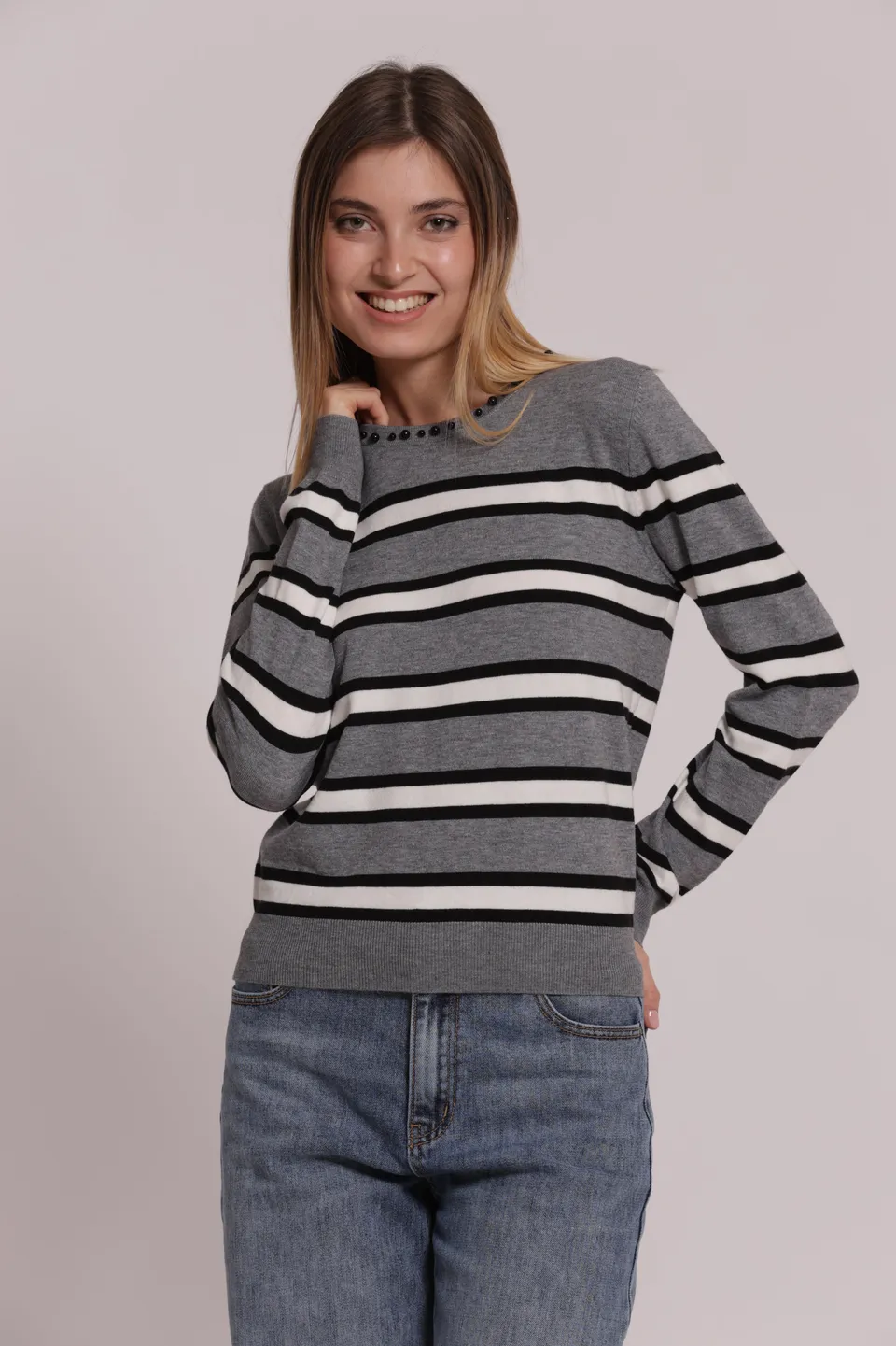 Mimi Mua Maglia a Righe con Perle moro