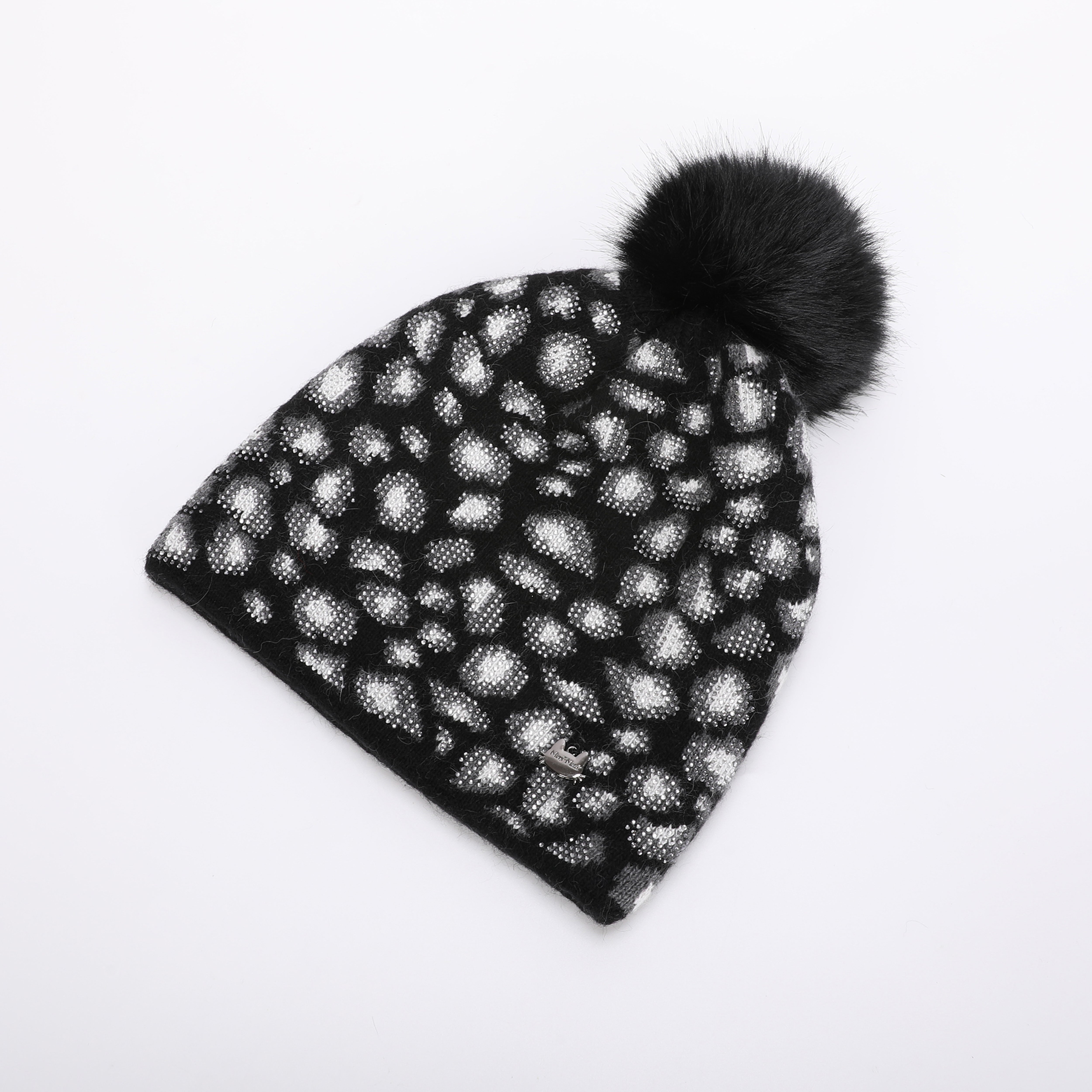 Mimi Mua Berretto Leopardato Strass Pon Pon Nero
