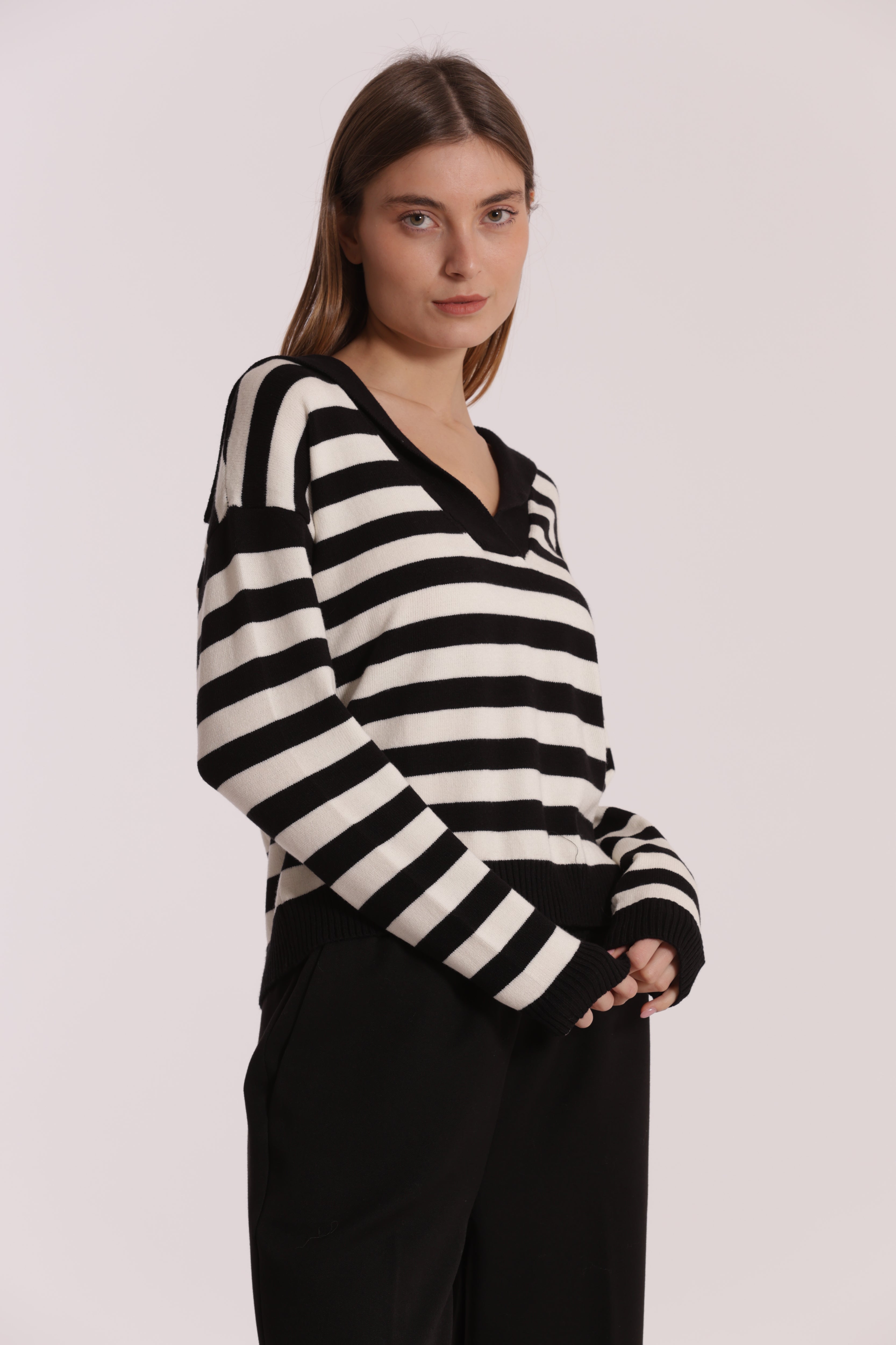 Mimi Mua maglia polo a righe nero bianco