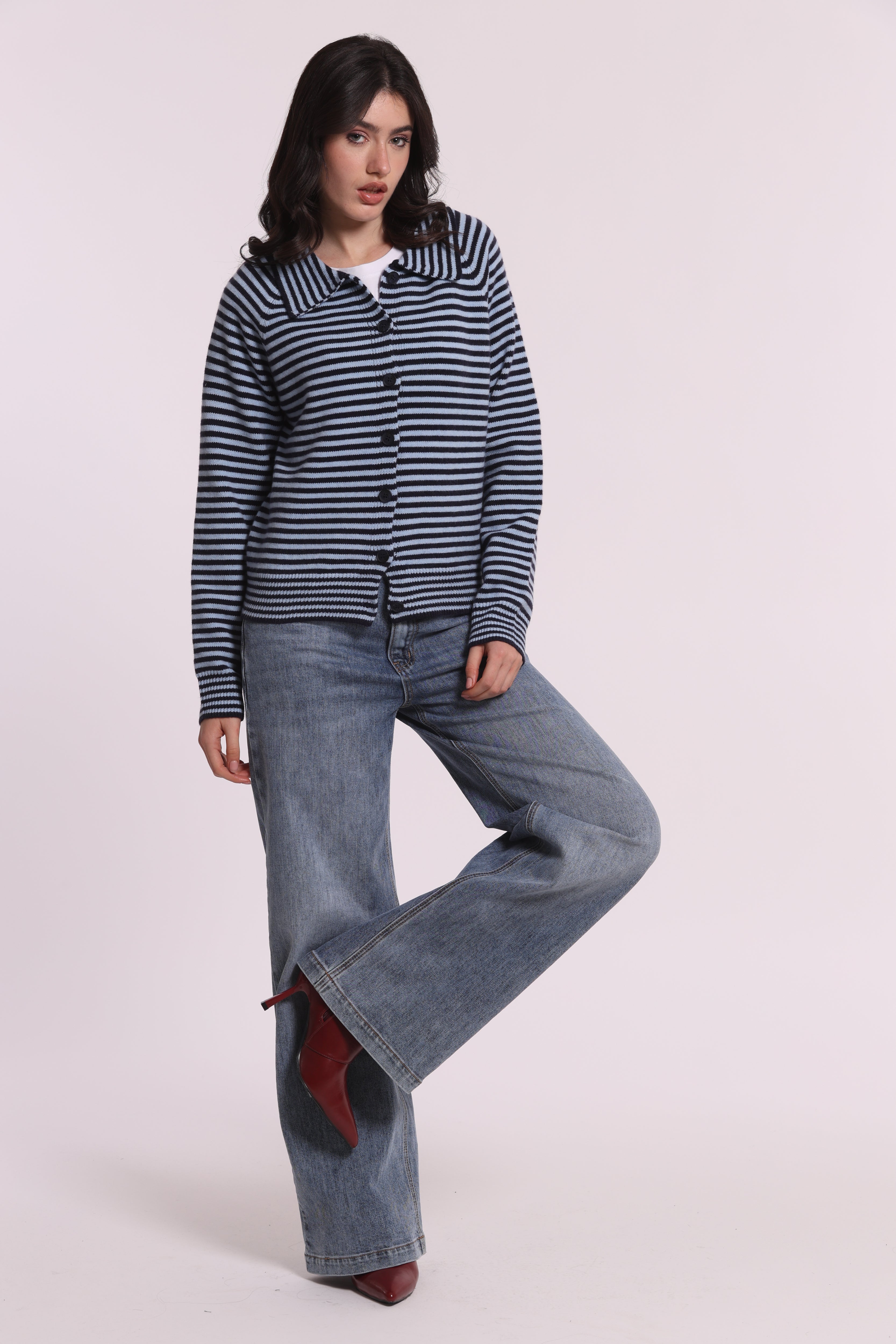 Mimi Mua Maglia Cardigan a Righe moro con lana