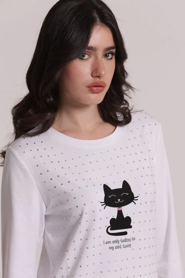 Mimi Mua T-Shirt Maniche Lunghe Gatto Strass Bianco