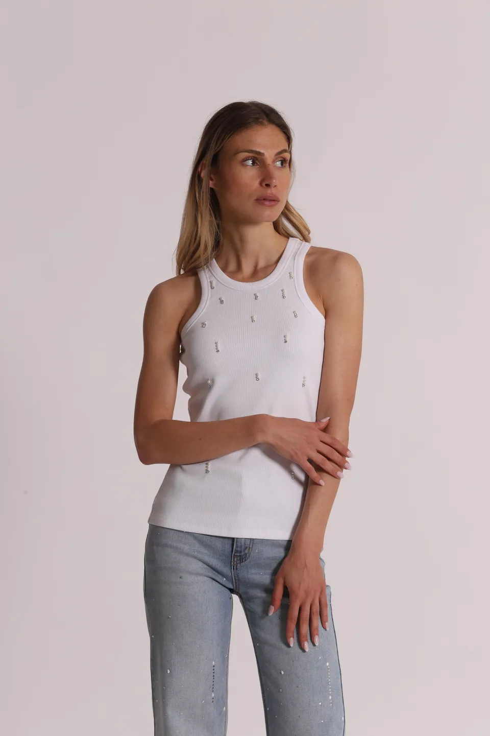 Mimi Mua canotta a coste bianca strass cotone
