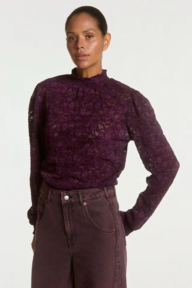 Aaiko Tory top pizzo prugna collo alto