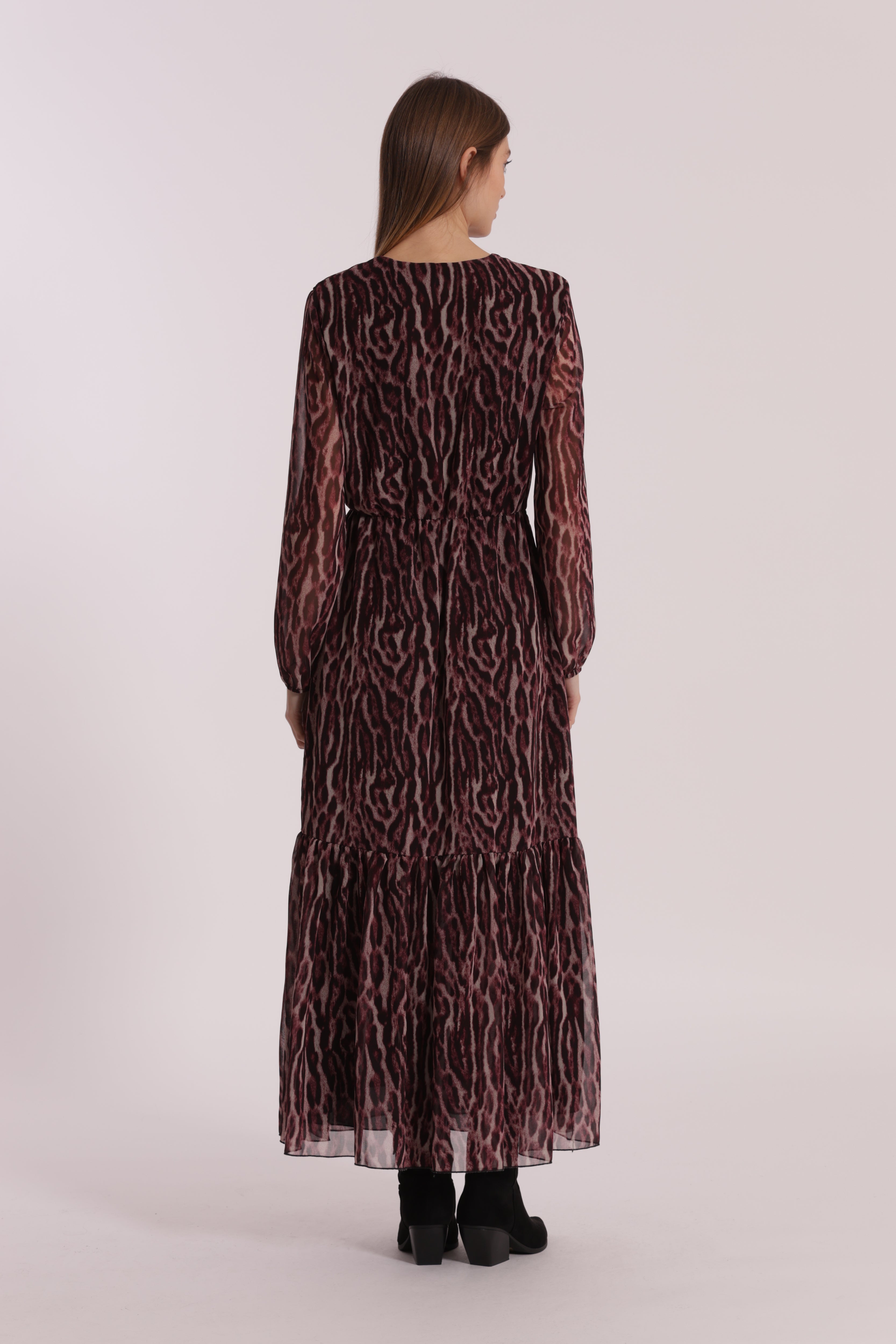 Mimi Mua Fantasia Animalier abito lungo burgundy fluido