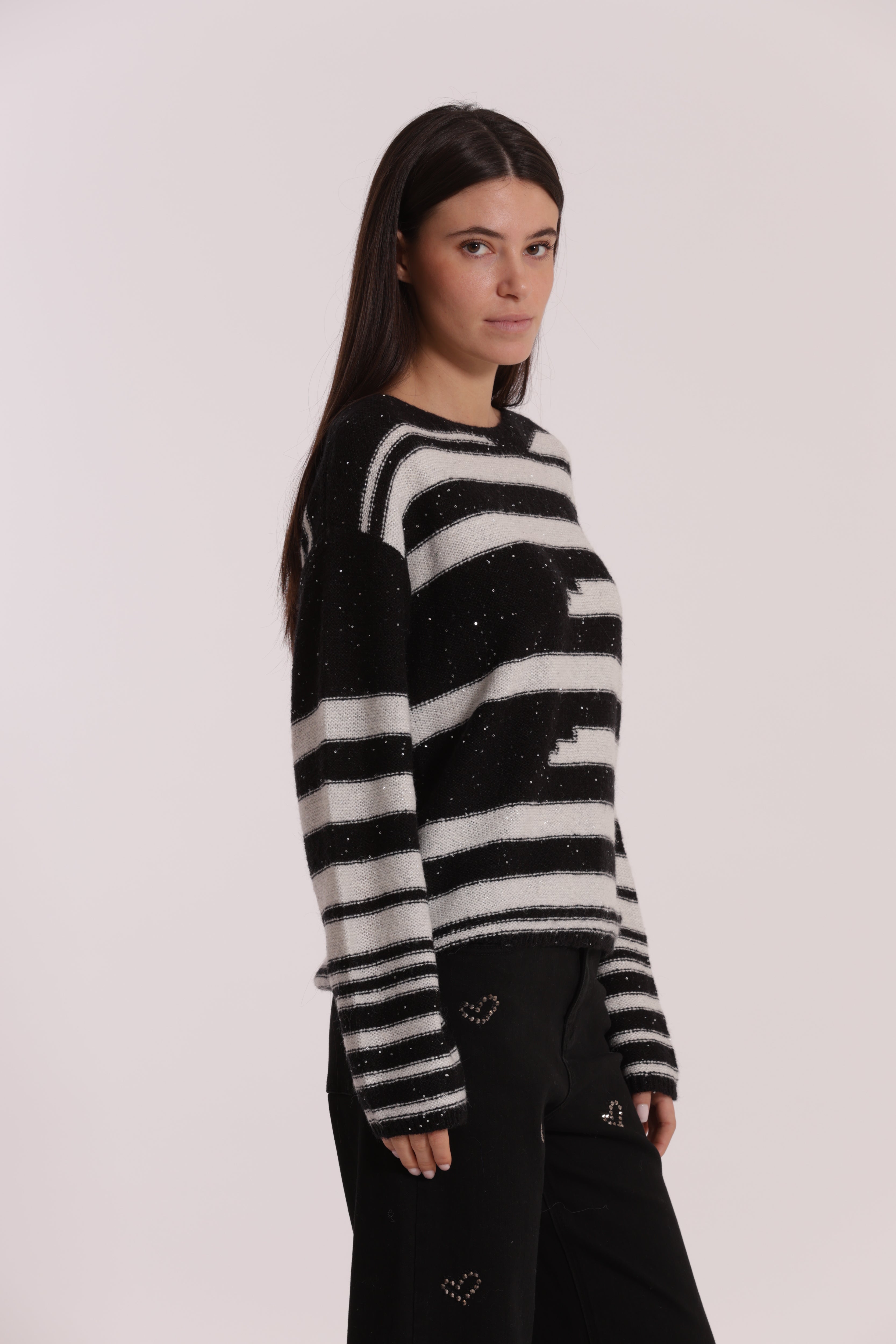 Mimi Mua Maglia a Righe e Paillettes Nero Bianco