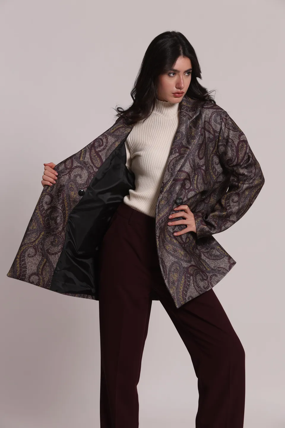 Mimi Mua Cappotto Giaccone Over Paisley Prugna Invernale