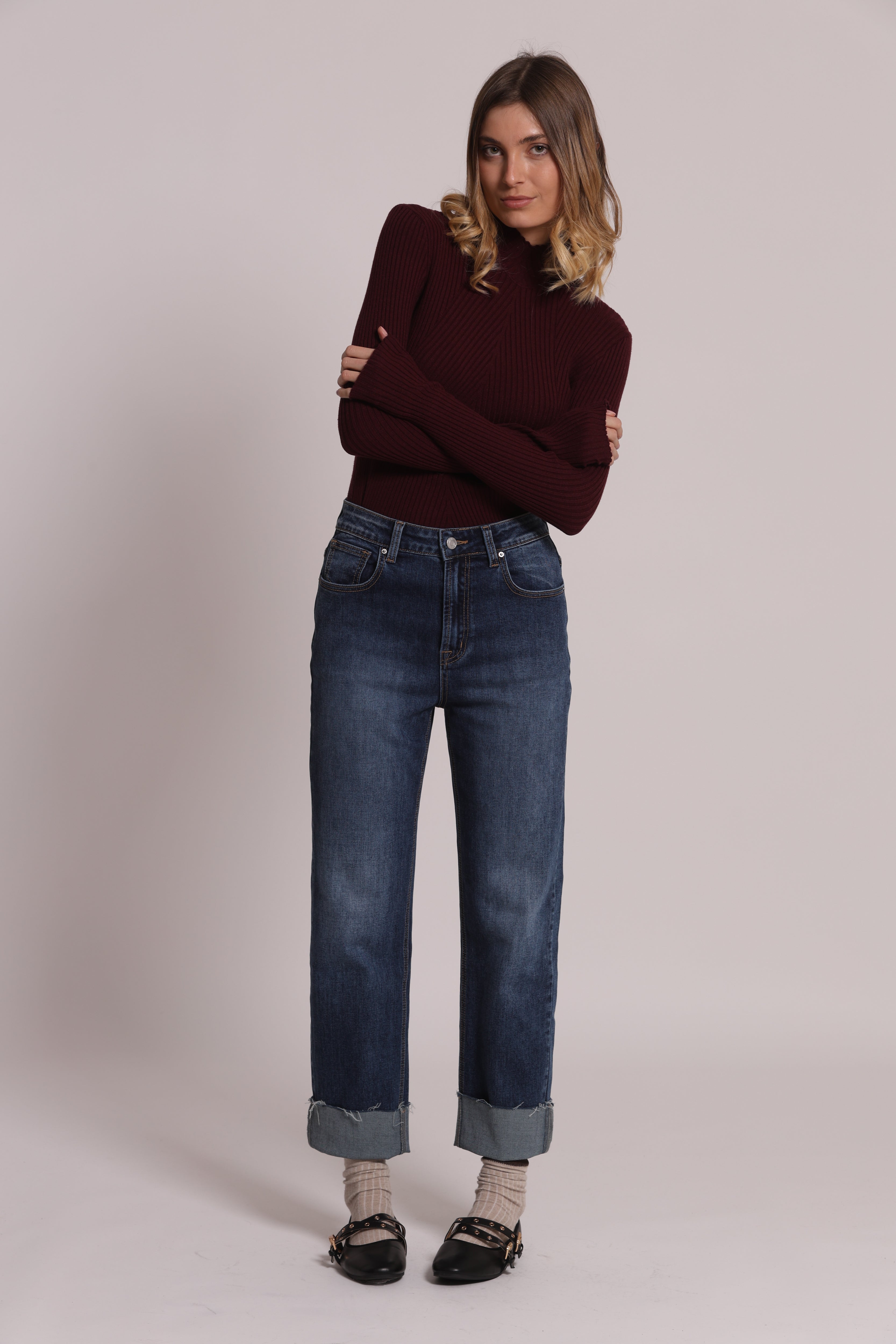 Mimi Mua Jeans Risvolto sul Fondo blu medio cotone