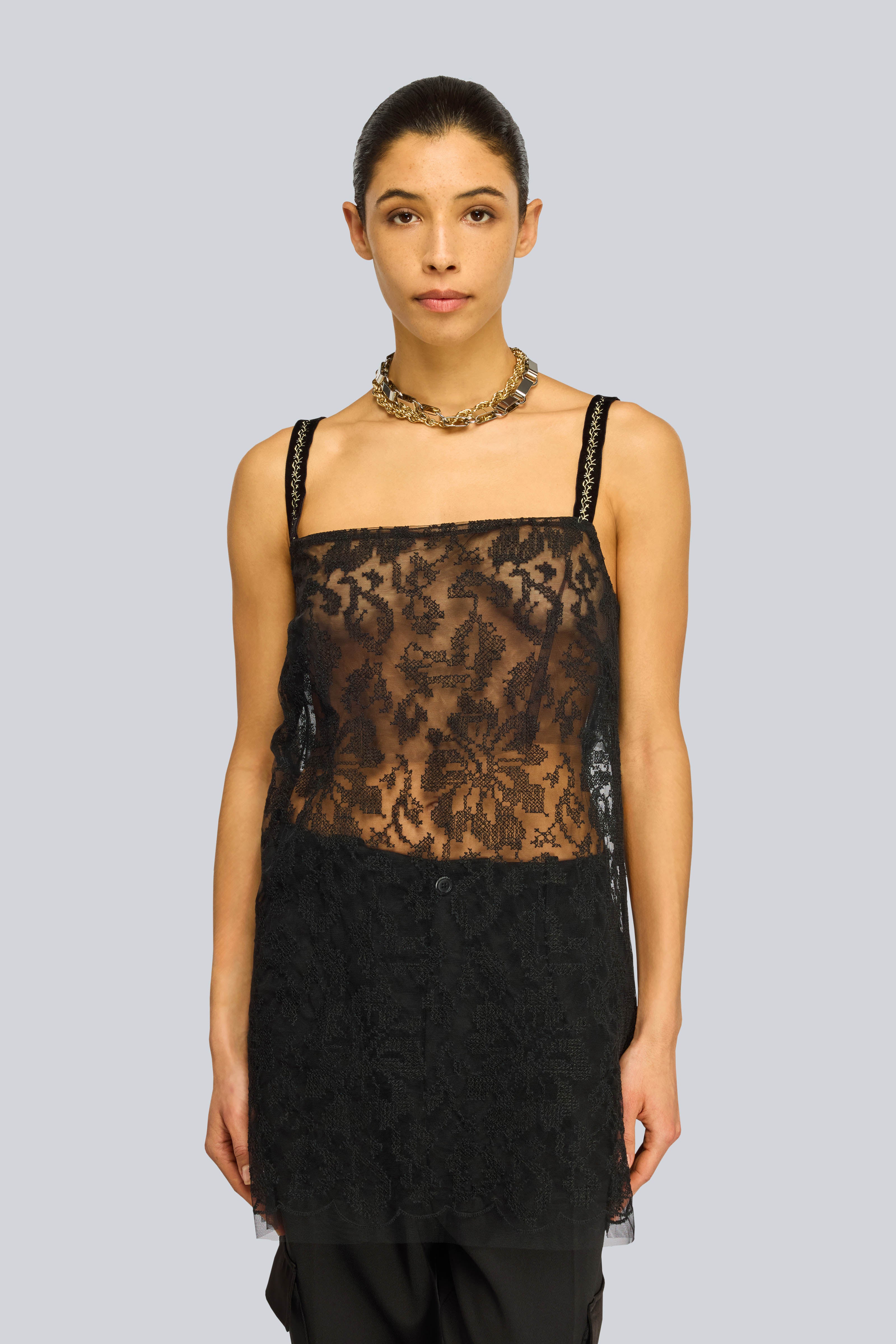 Semicouture Tiffani top tulle nero punto croce