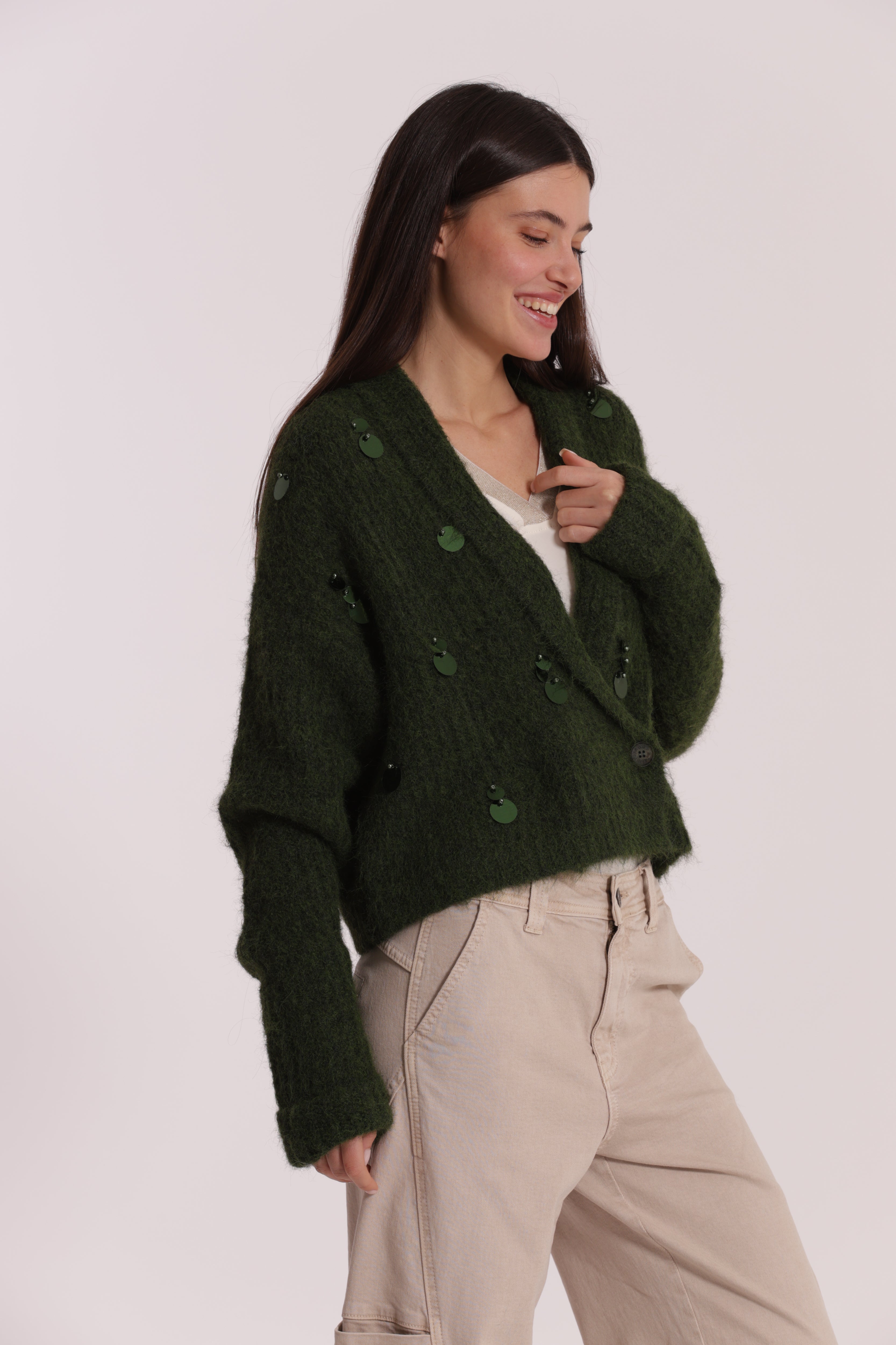 Mimi Mua Maglia Cardigan Incrociata Paillettes Nero