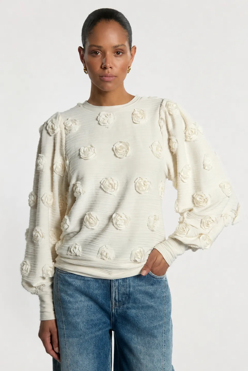 Aaiko Isha top crema con rose 3D donna