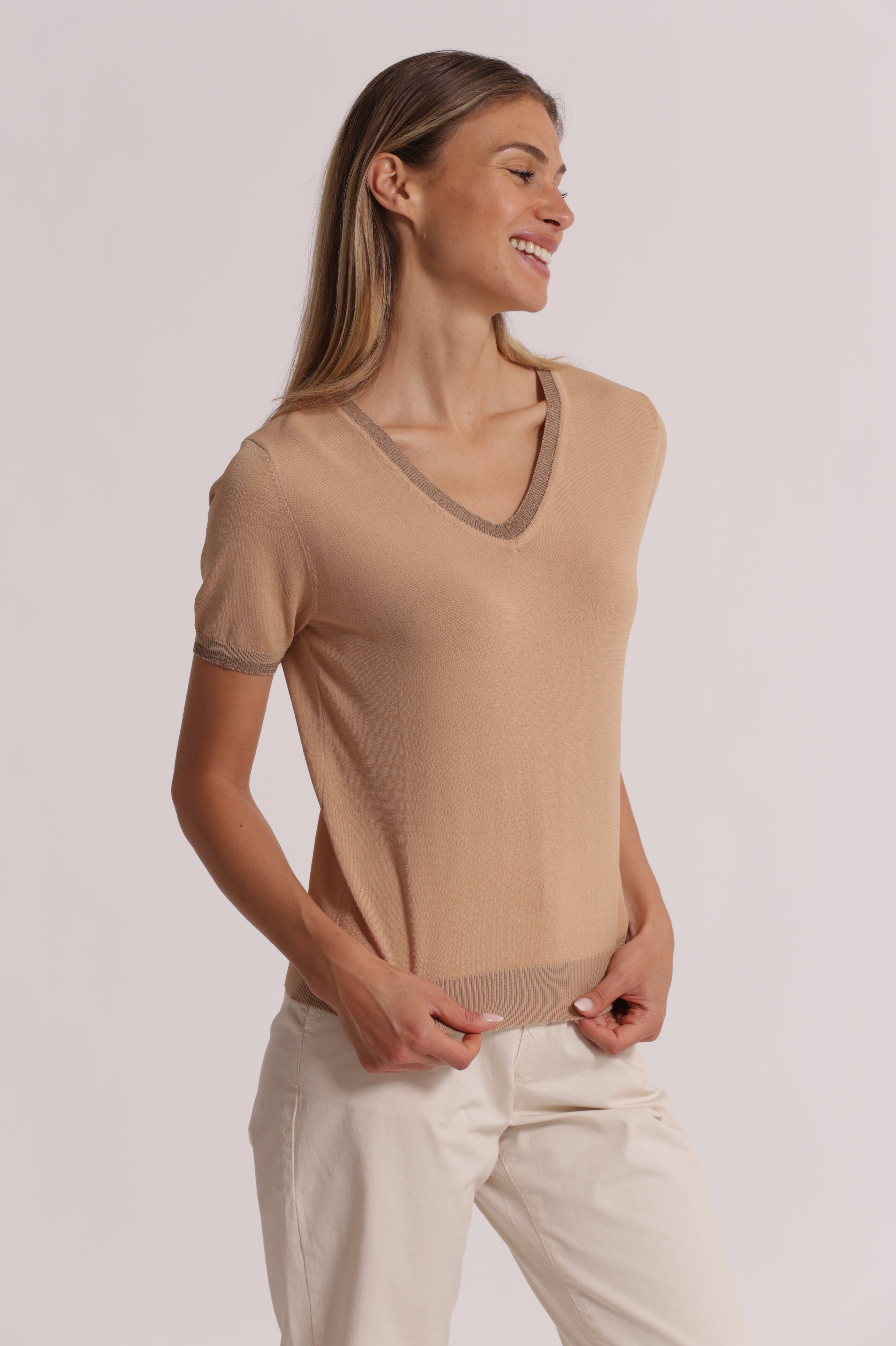 Mimi Mua Maglia Maniche Corte Lurex Panna