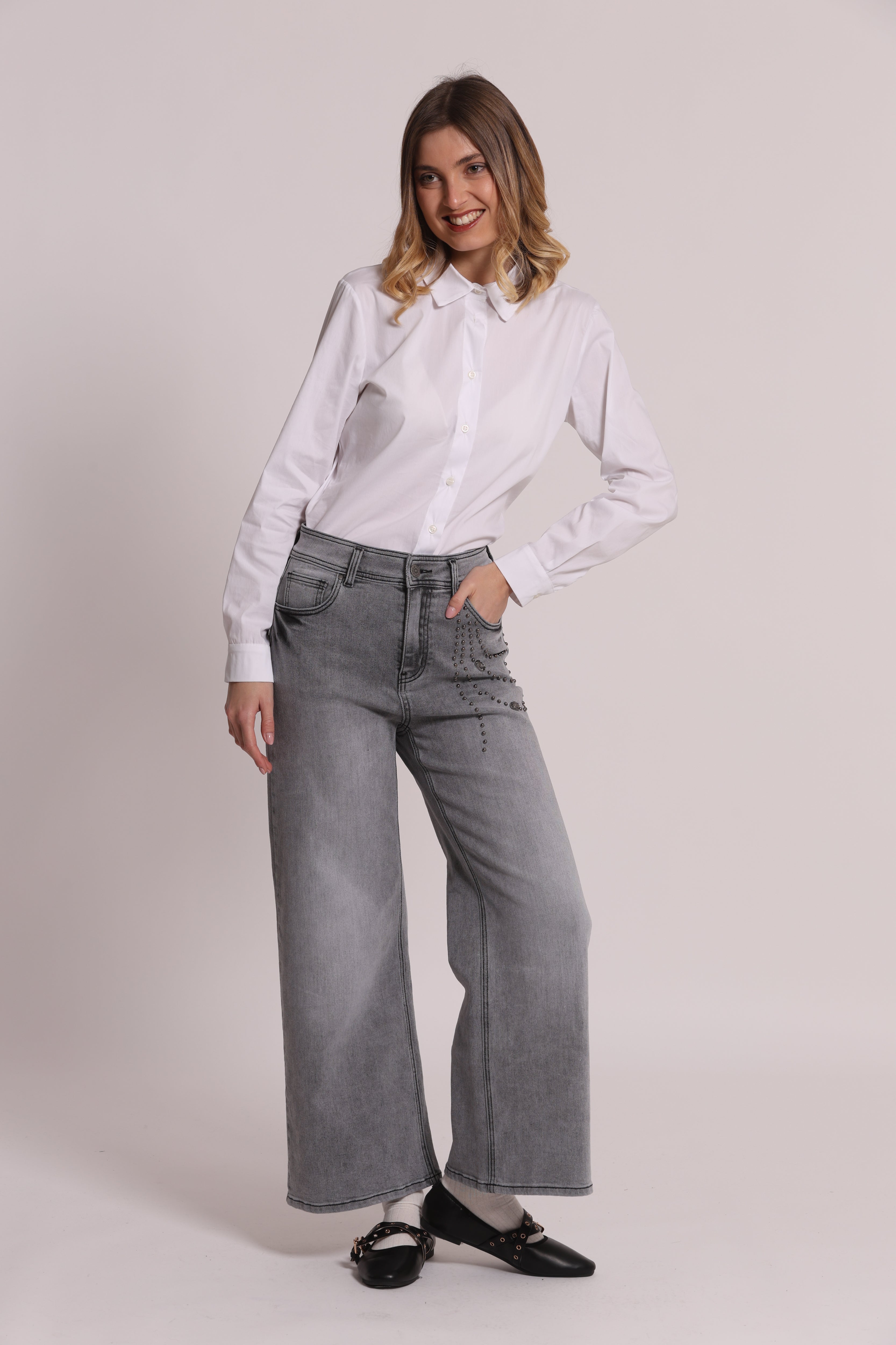 Mimi Mua Jeans palazzo applicazioni laterali jeans blu medio
