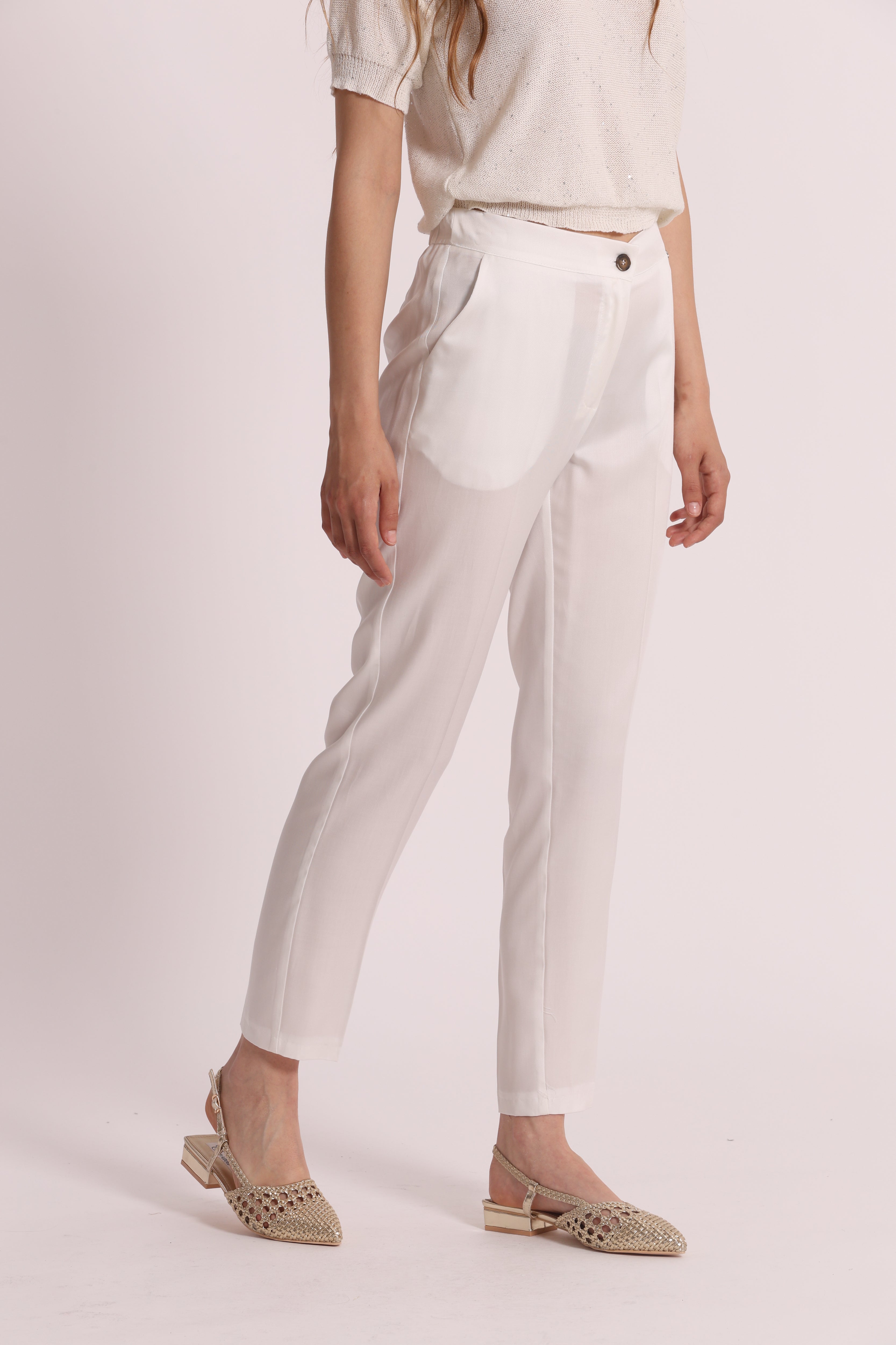 Mimi Mua Pantalone Sigaretta Lyocell Panna con Elastico