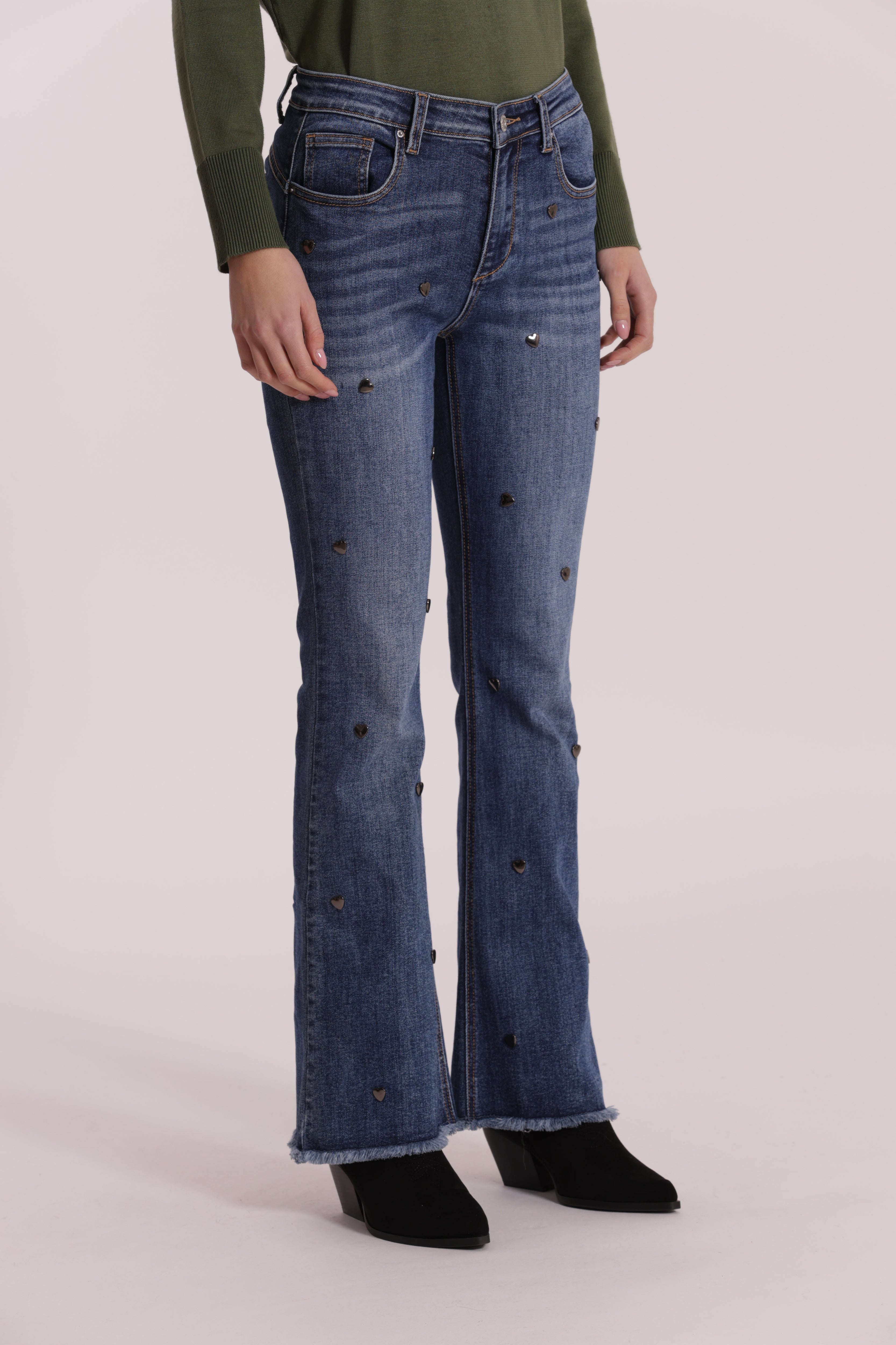 Mimi Mua Jeans Flare con Borchie Cuore Blu Medio denim