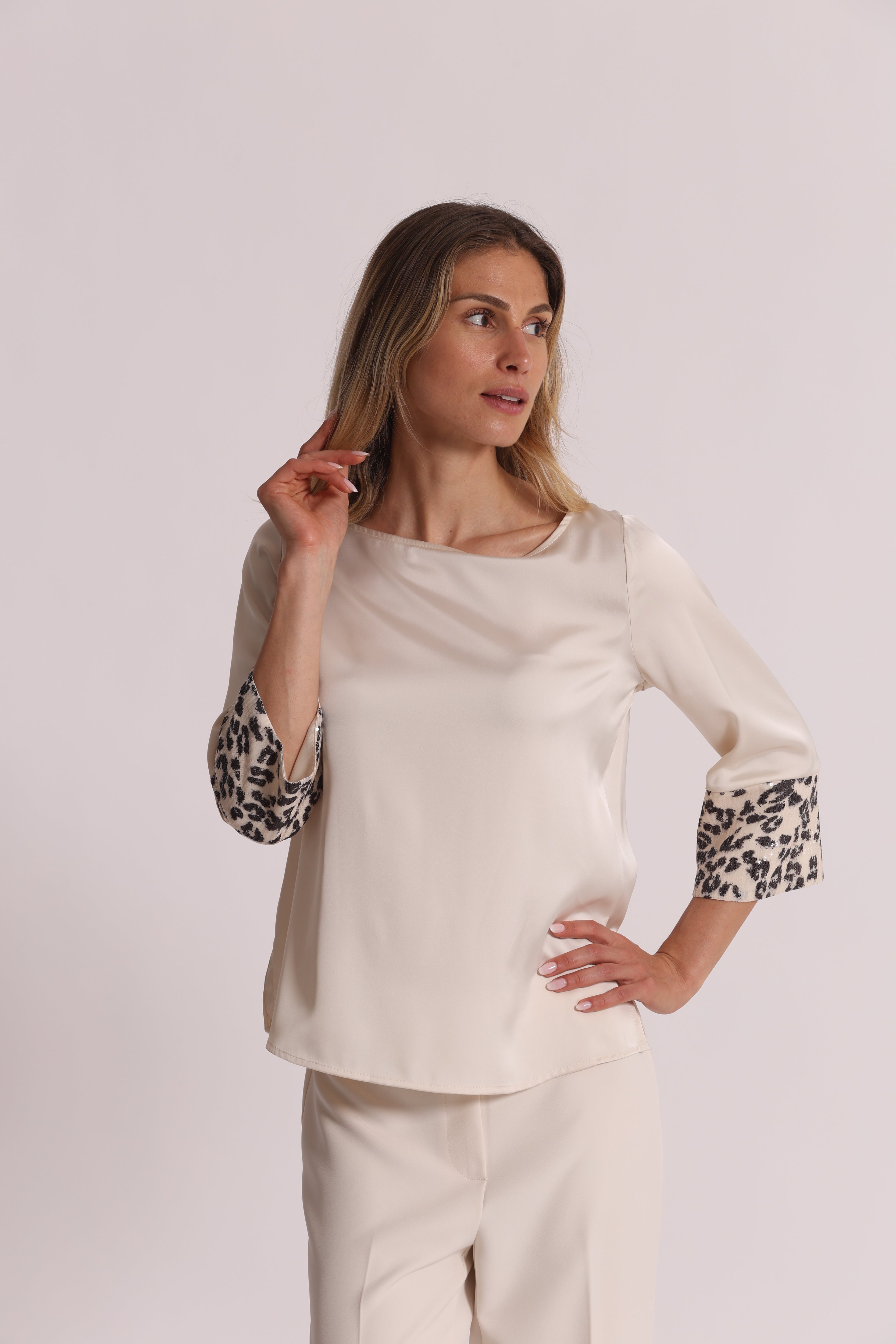 Mimi Mua Blusa Paillettes Animalier Latte